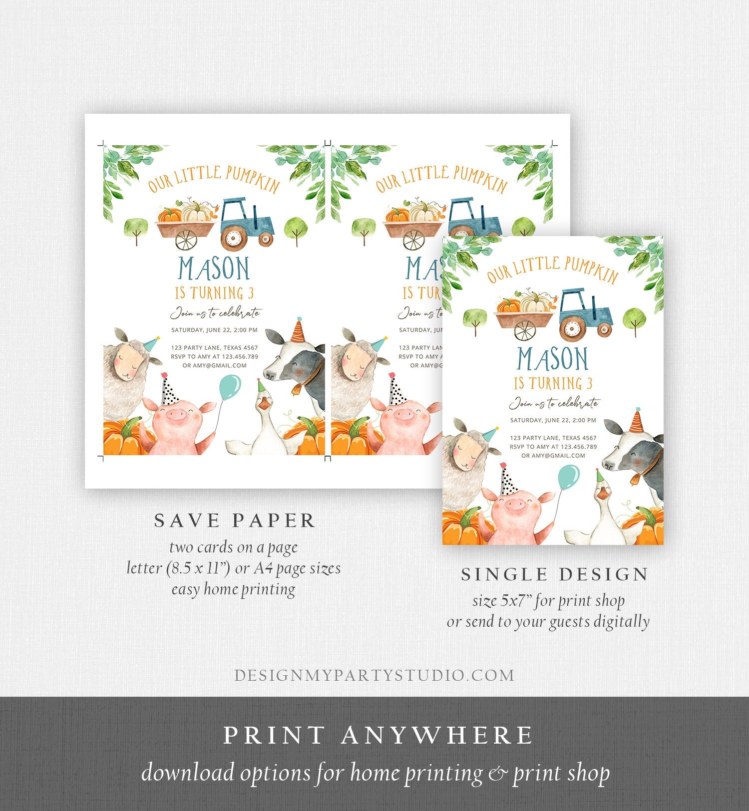 Editable Farm Birthday Invitation Pumpkin Boy Farm Animals Boy Barnyard Fall Party Animals Digital Download Evite Template Printable 0155