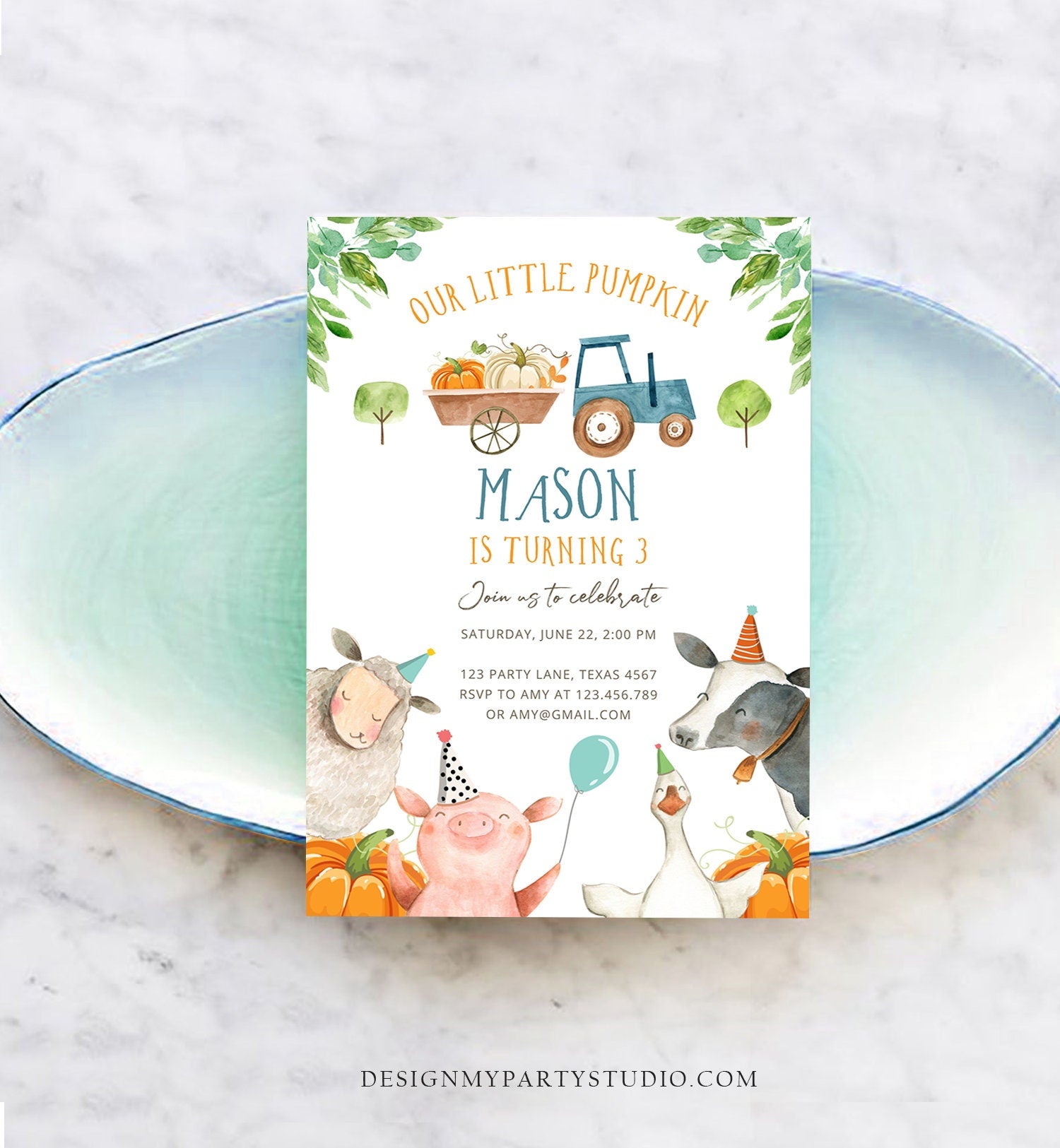 Editable Farm Birthday Invitation Pumpkin Boy Farm Animals Boy Barnyard Fall Party Animals Digital Download Evite Template Printable 0155