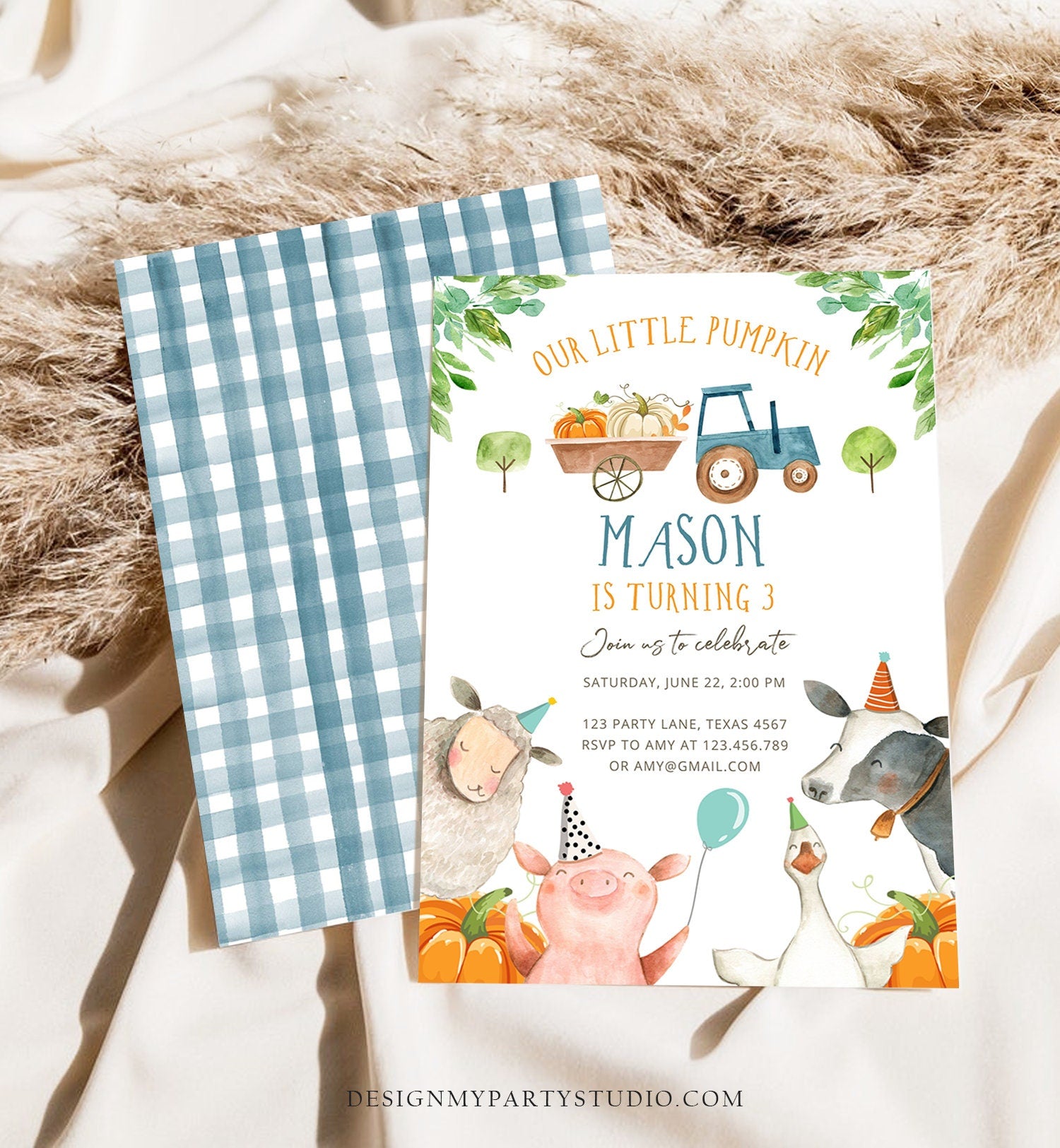 Editable Farm Birthday Invitation Pumpkin Boy Farm Animals Boy Barnyard Fall Party Animals Digital Download Evite Template Printable 0155