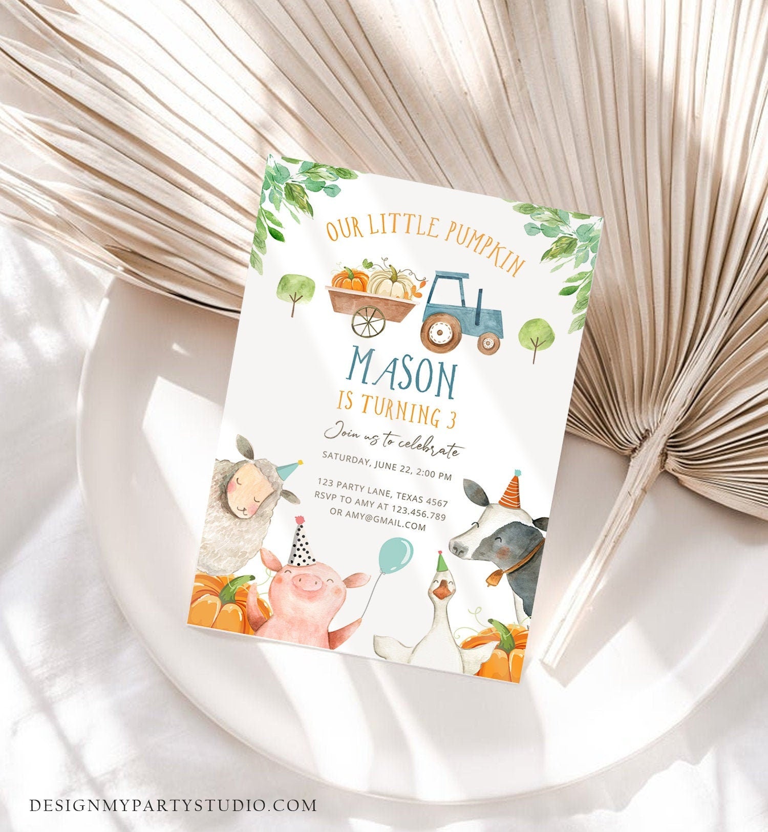 Editable Farm Birthday Invitation Pumpkin Boy Farm Animals Boy Barnyard Fall Party Animals Digital Download Evite Template Printable 0155