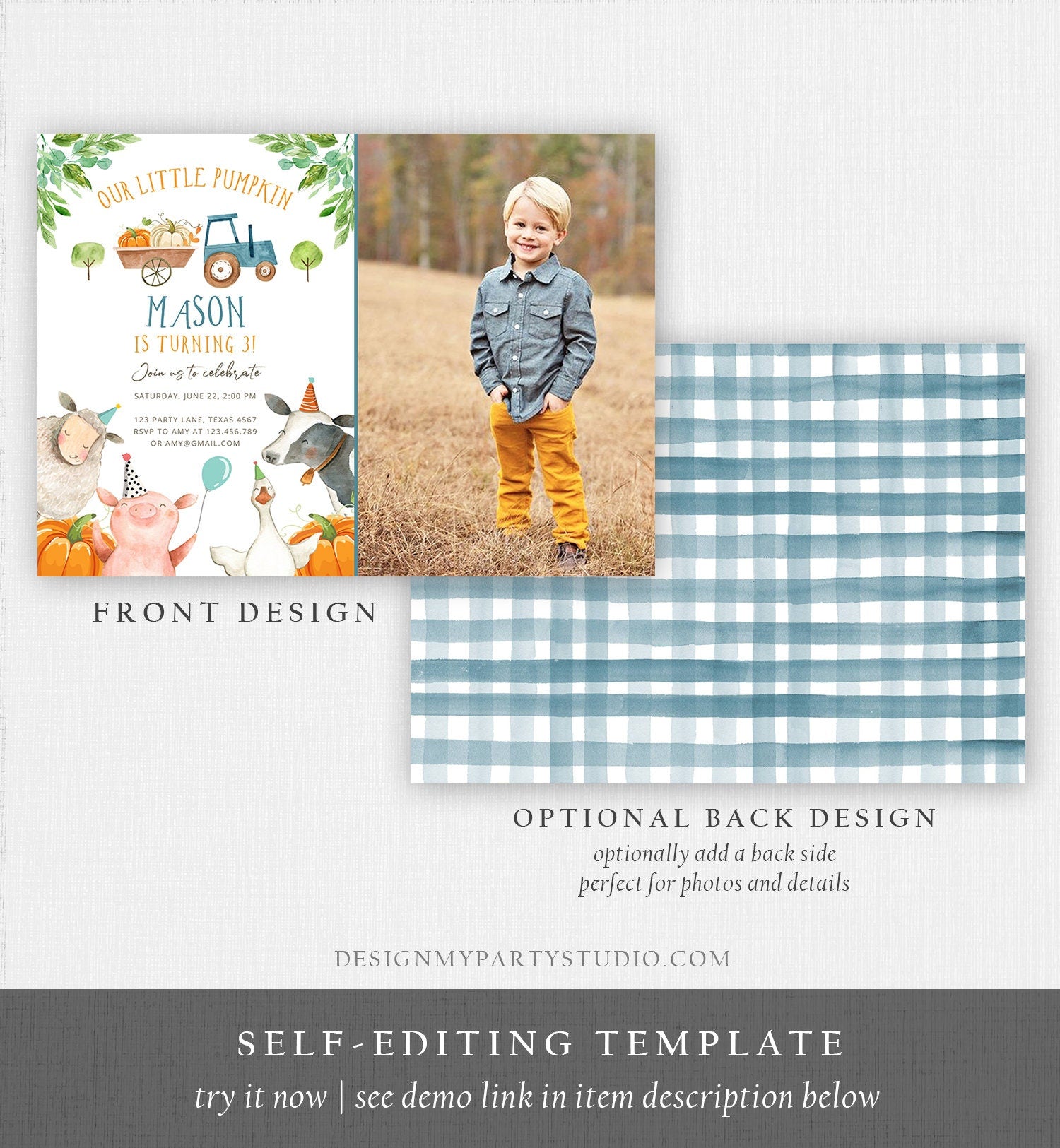 Editable Farm Animals Birthday Invitation Pumpkin Boy Party Animals Boy Barnyard Fall Digital Download Evite Template Printable 0155