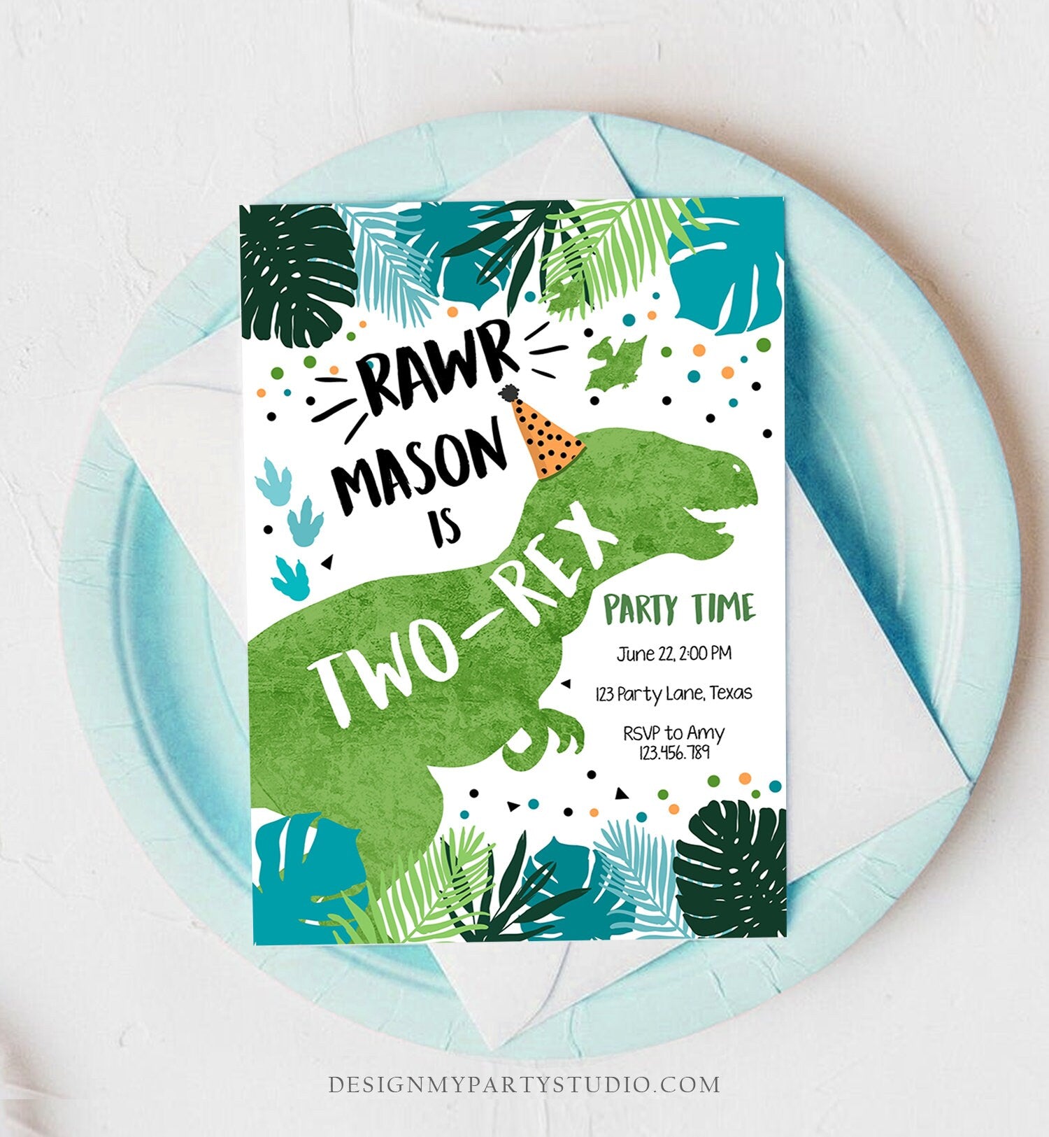 Editable Two-Rex Dinosaur Birthday Invitation Dino T-Rex Second Birthday 2nd RAWR Boy Green Blue Prehistoric Printable Corjl Template 0389