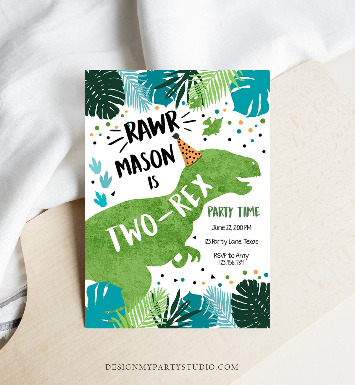 Editable Two-Rex Dinosaur Birthday Invitation Dino T-Rex Second Birthday 2nd RAWR Boy Green Blue Prehistoric Printable Corjl Template 0389