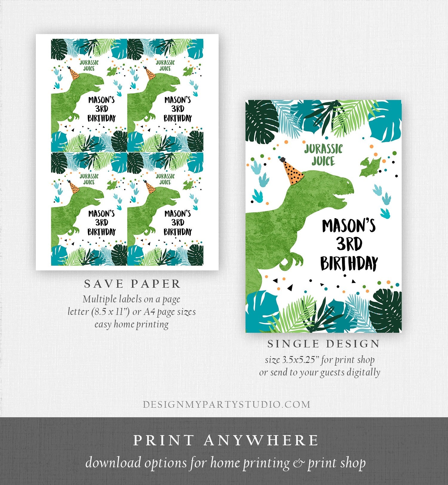 Editable Dinosaur Capri Sun Labels Juice Pouch Labels Dino Boy Birthday T-Rex Green Blue Prehistoric Download Corjl Template Printable 0389