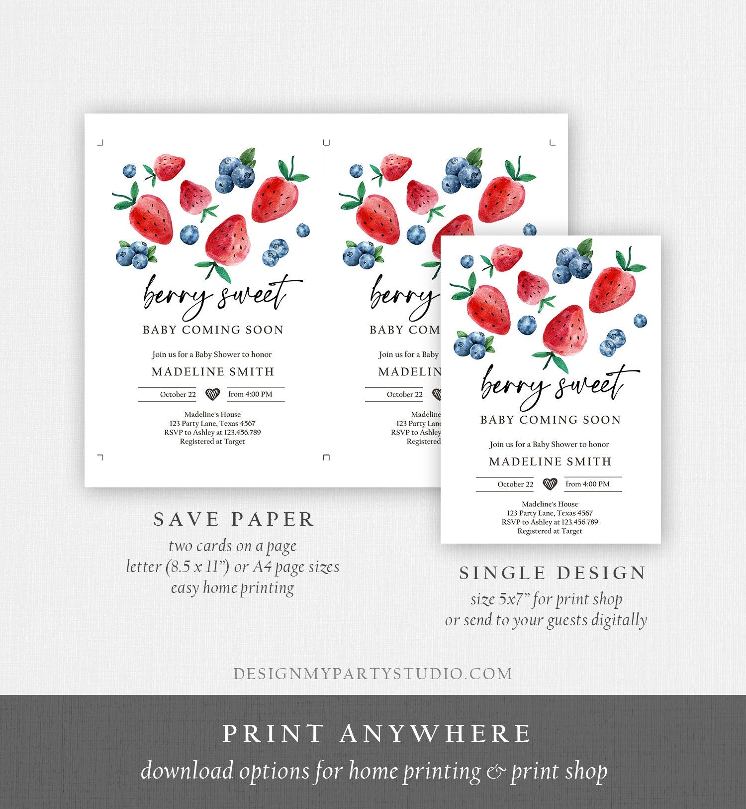 Editable Strawberry Blueberry Baby Shower Invitation Cute Berry Sweet Baby Strawberries Twin Download Printable Template Corjl Digital 0399