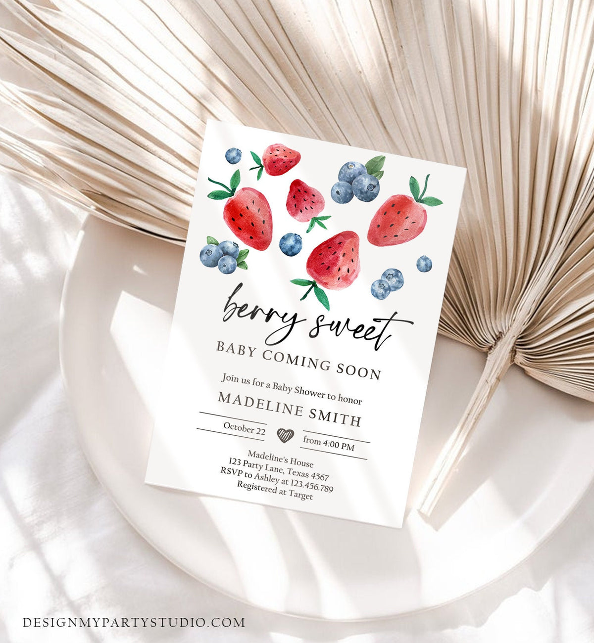 Editable Strawberry Blueberry Baby Shower Invitation Cute Berry Sweet Baby Strawberries Twin Download Printable Template Corjl Digital 0399