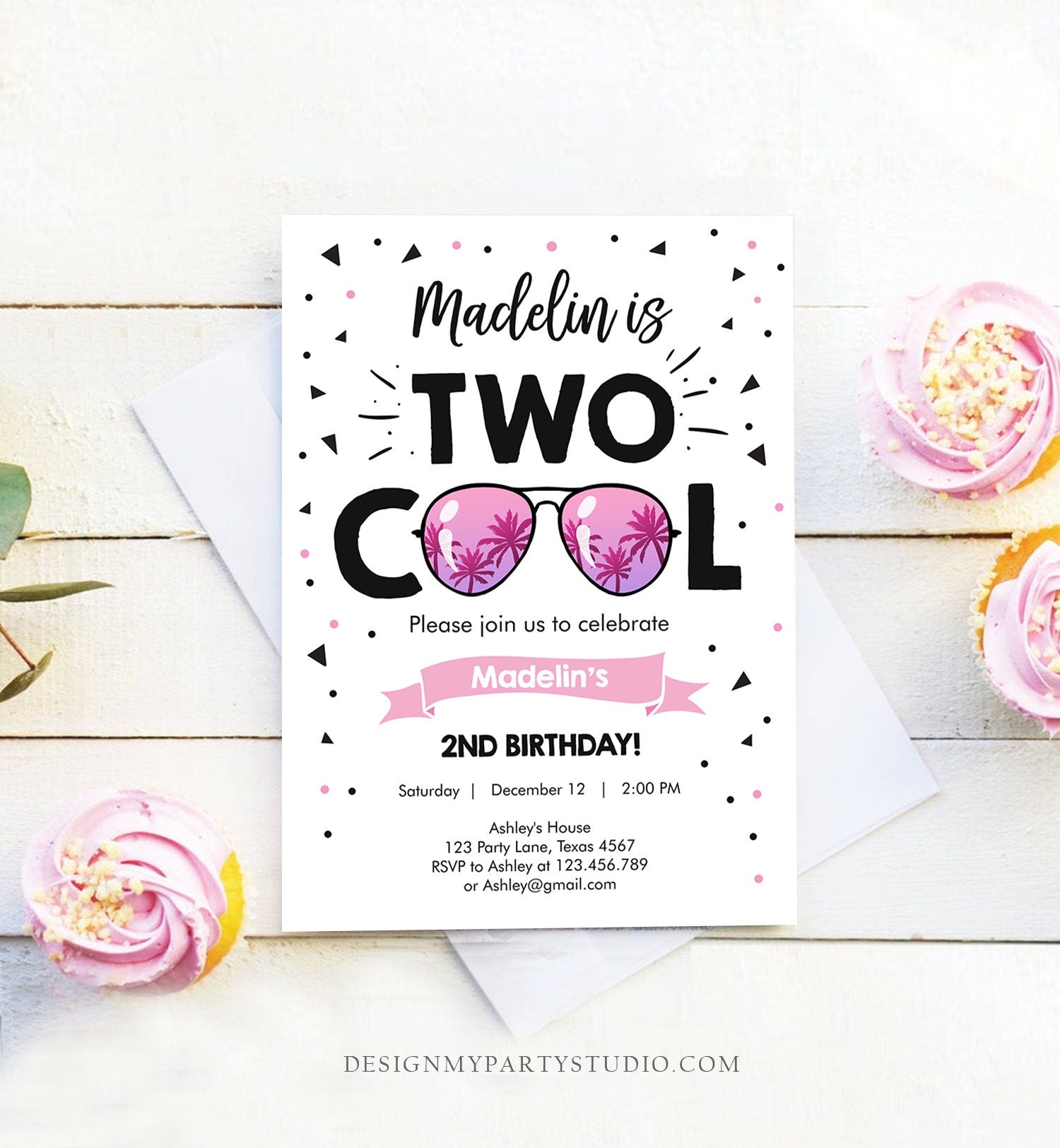 Editable Two Cool Birthday Invitation Girl Second Birthday Party 2nd I'm this Many I'm Two Cool Sunglasses Evite Template Printable 0136