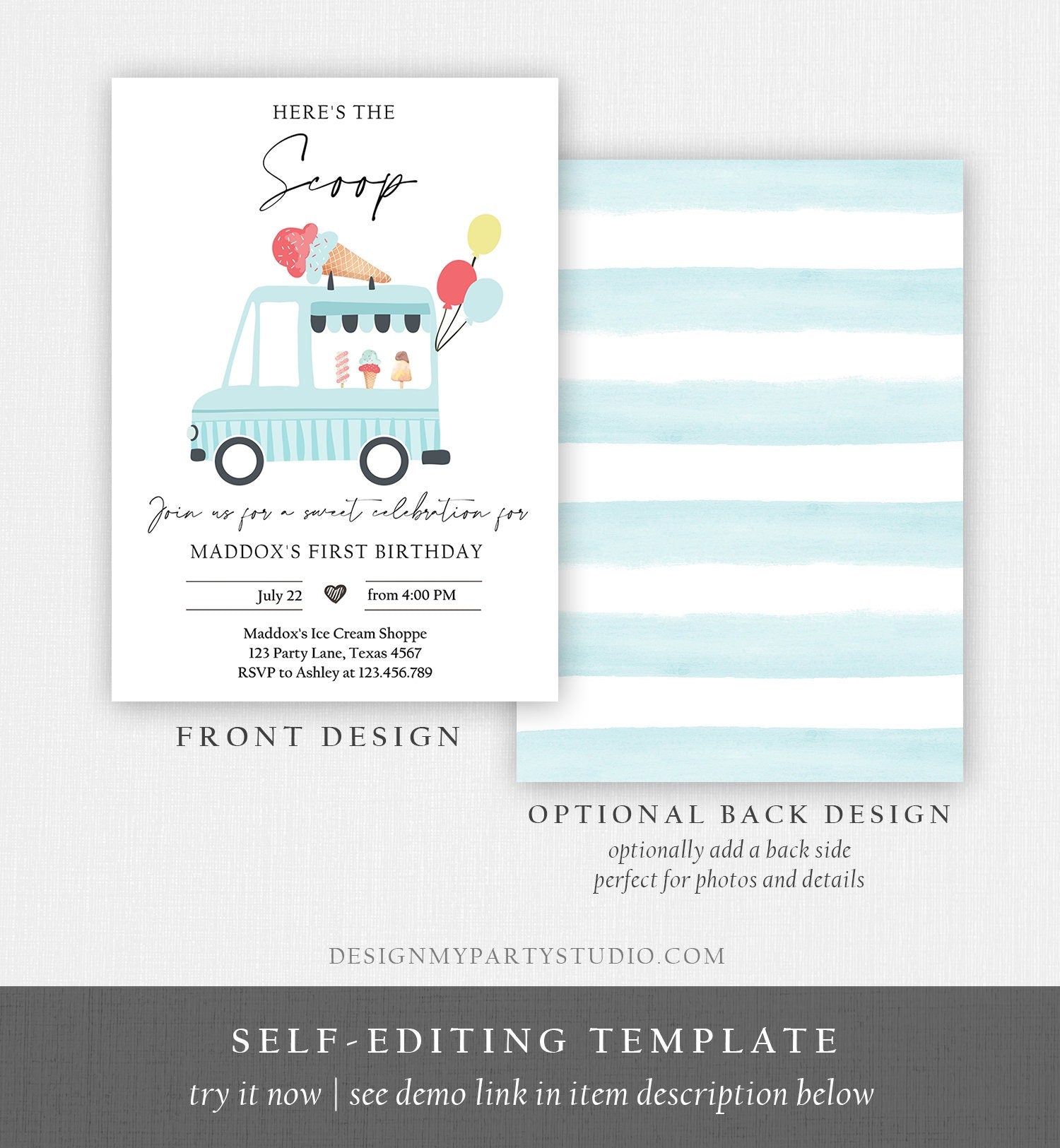 Editable Ice Cream Truck Birthday Invitation Ice Cream Truck Invite Boy Modern Ice Cream Shoppe Van The Scoop Printable Template Evite 0415