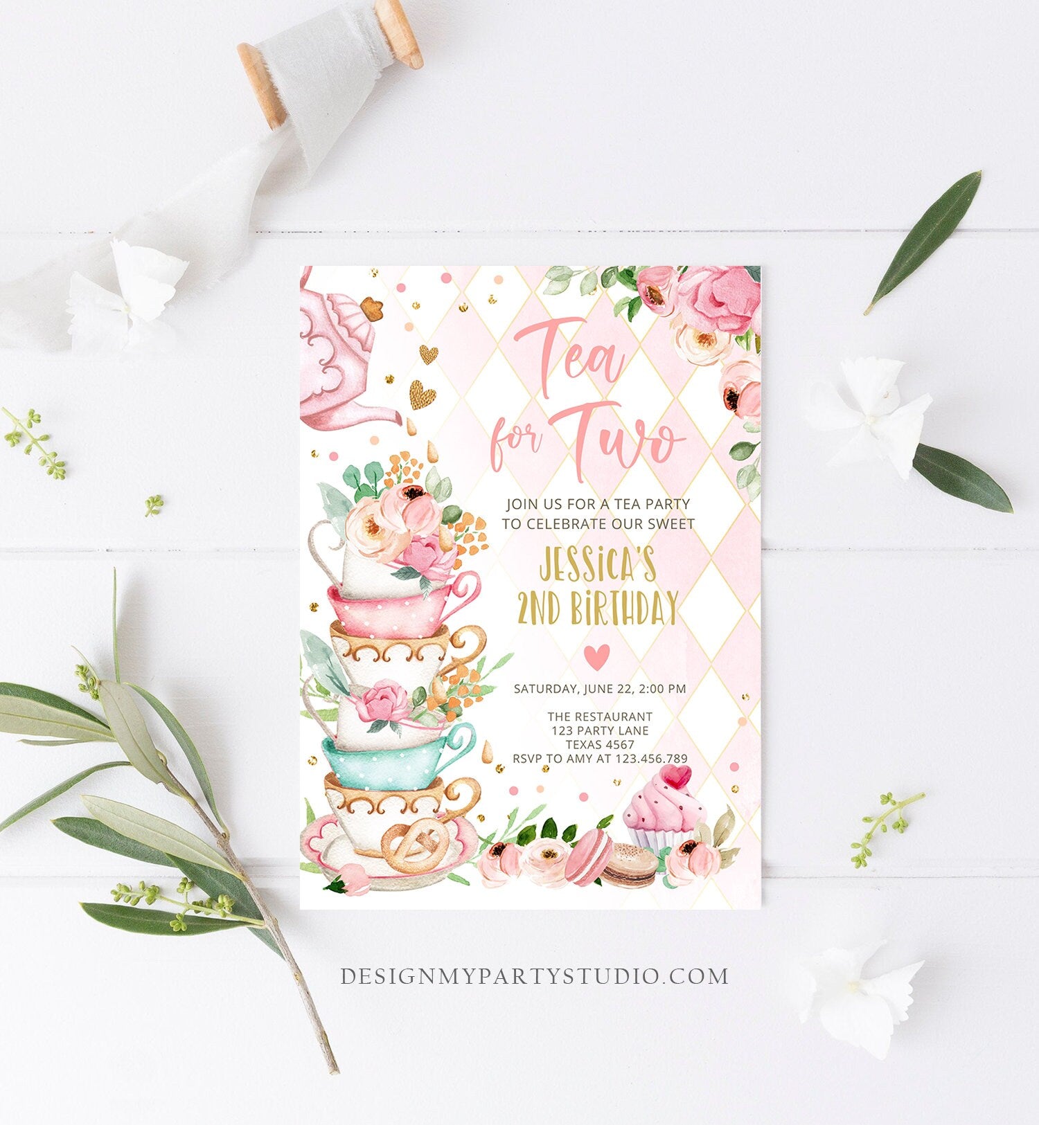 Editable Tea for Two Birthday Invitation Girl Tea Party Invite Pink Gold Floral Peach Pink Download Printable Template Corjl Digital 0349