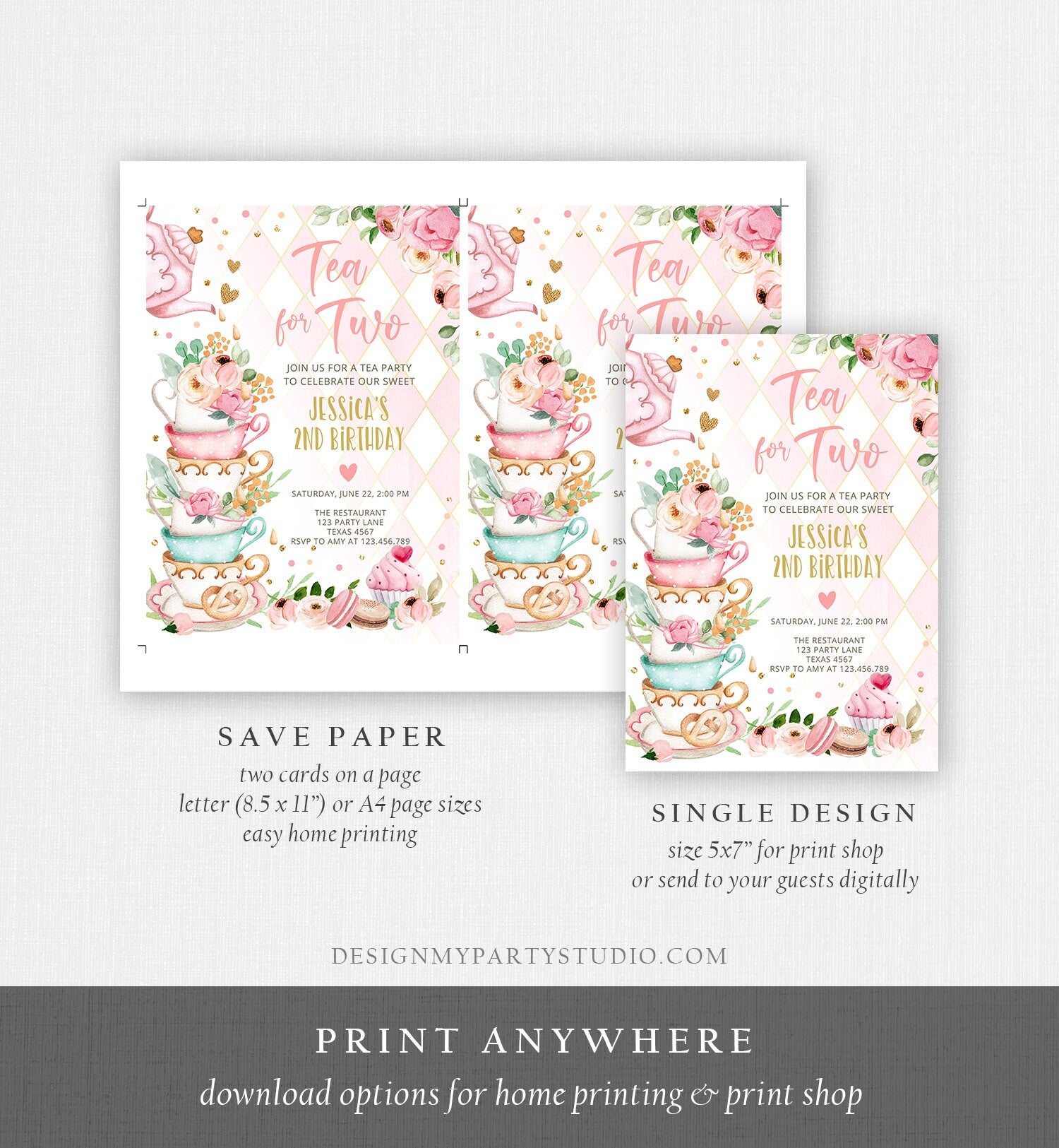 Editable Tea for Two Birthday Invitation Girl Tea Party Invite Pink Gold Floral Peach Pink Download Printable Template Corjl Digital 0349