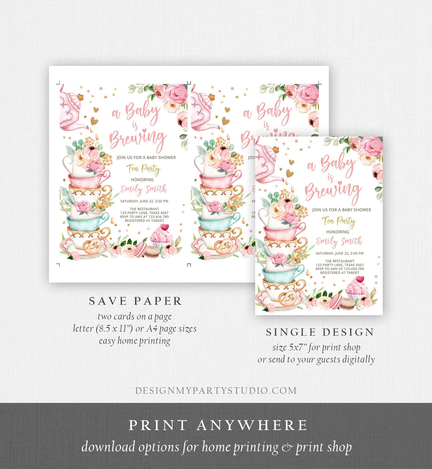 Editable Tea Party Baby Shower Invitation Tea Shower Sprinkle Floral Pink Gold Blush Brunch Bubbly Download Corjl Template Printable 0349