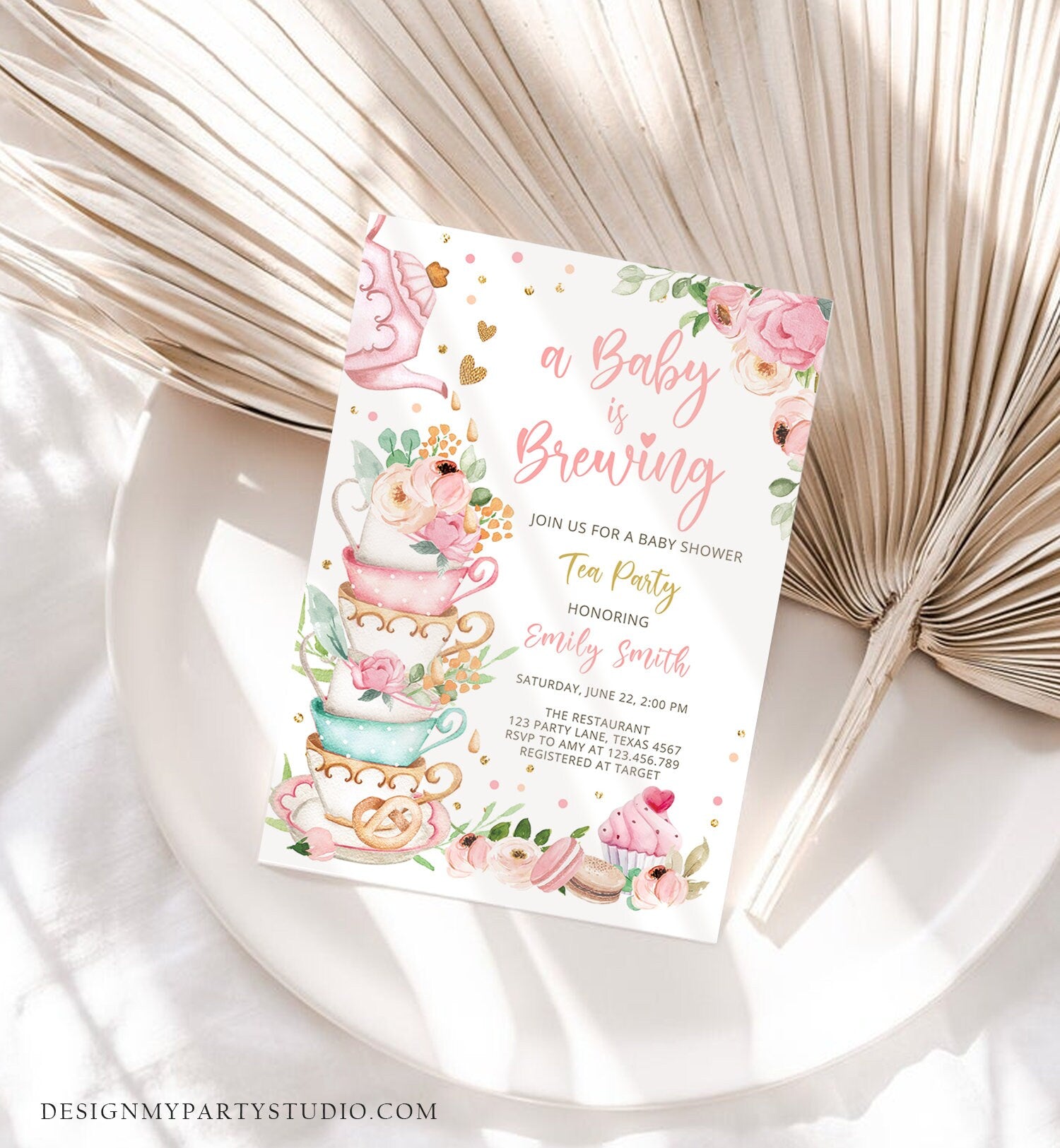 Editable Tea Party Baby Shower Invitation Tea Shower Sprinkle Floral Pink Gold Blush Brunch Bubbly Download Corjl Template Printable 0349