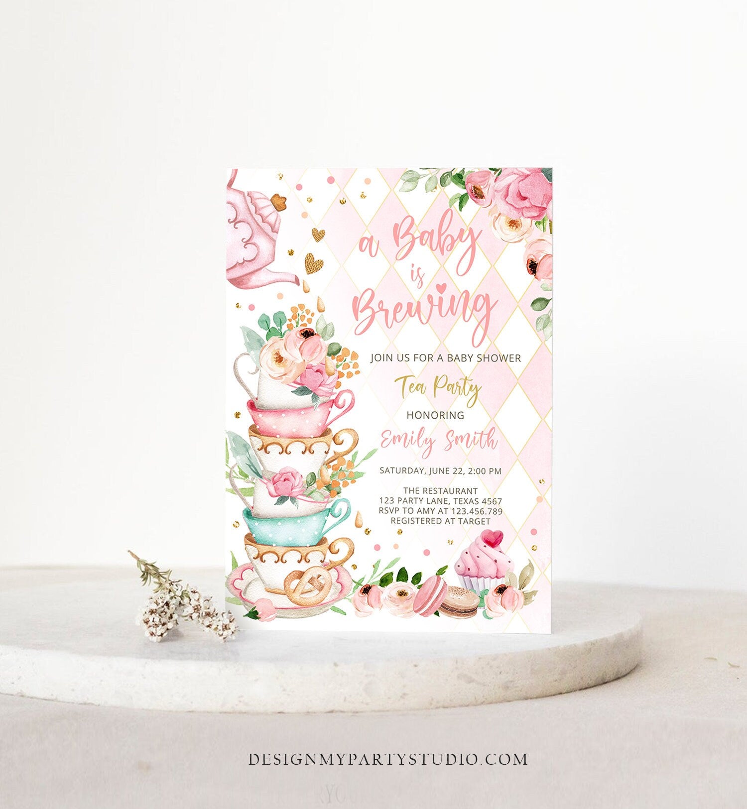 Editable Tea Party Baby Shower Invitation Tea Shower Sprinkle Floral Pink Gold Blush Brunch Bubbly Download Evite Template Printable 0349