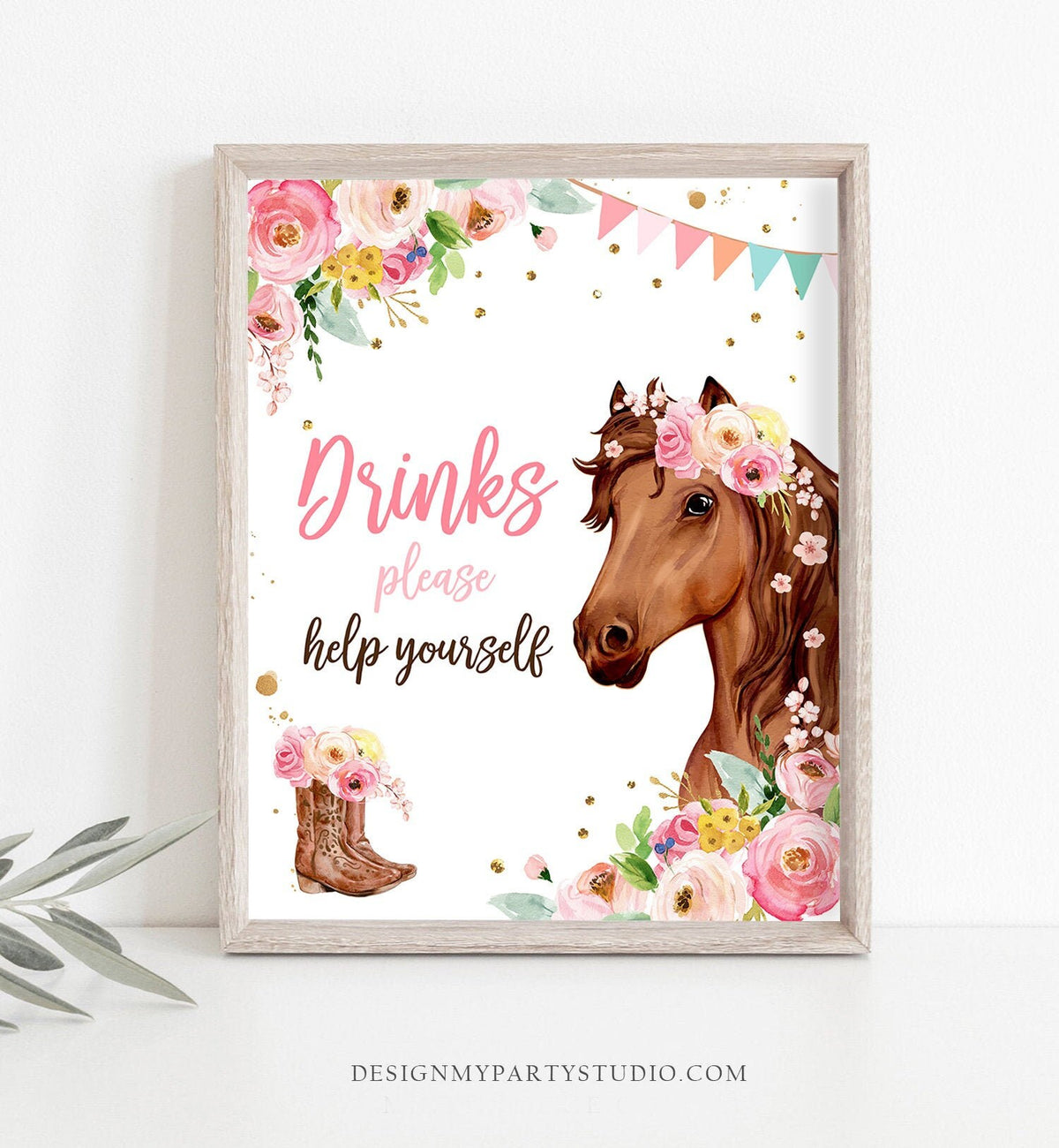 Drinks Table Birthday Sign Watering Hole Table Decor Floral Horse Birthday Cowgirl Pony Party Decorations Drinks Download Printable 0408