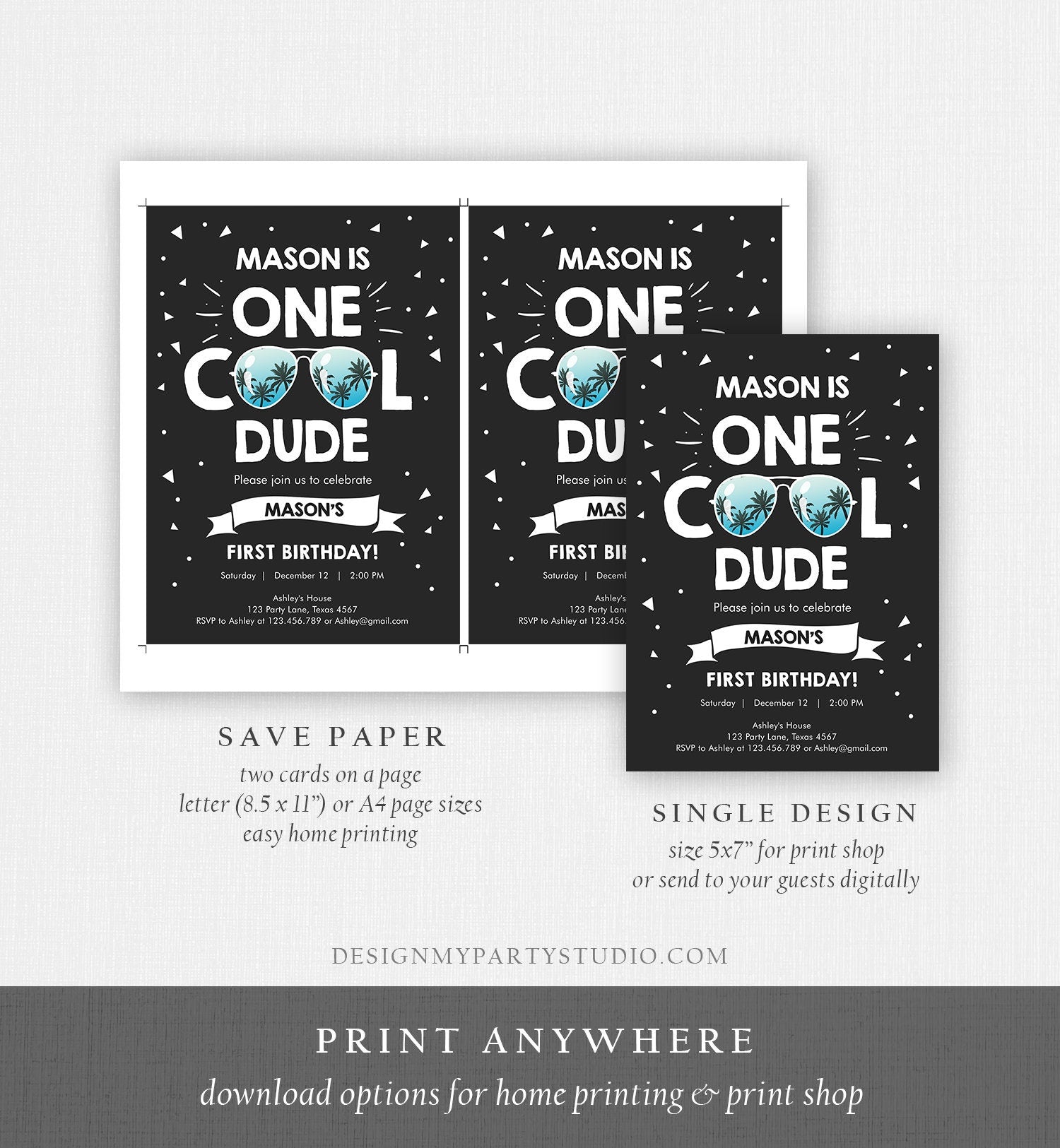 Editable One Cool Dude 1st Birthday Invitation Boy First Birthday Party Sunglasses Pilot Pool Cool One Palm Printable Corjl Template 0136