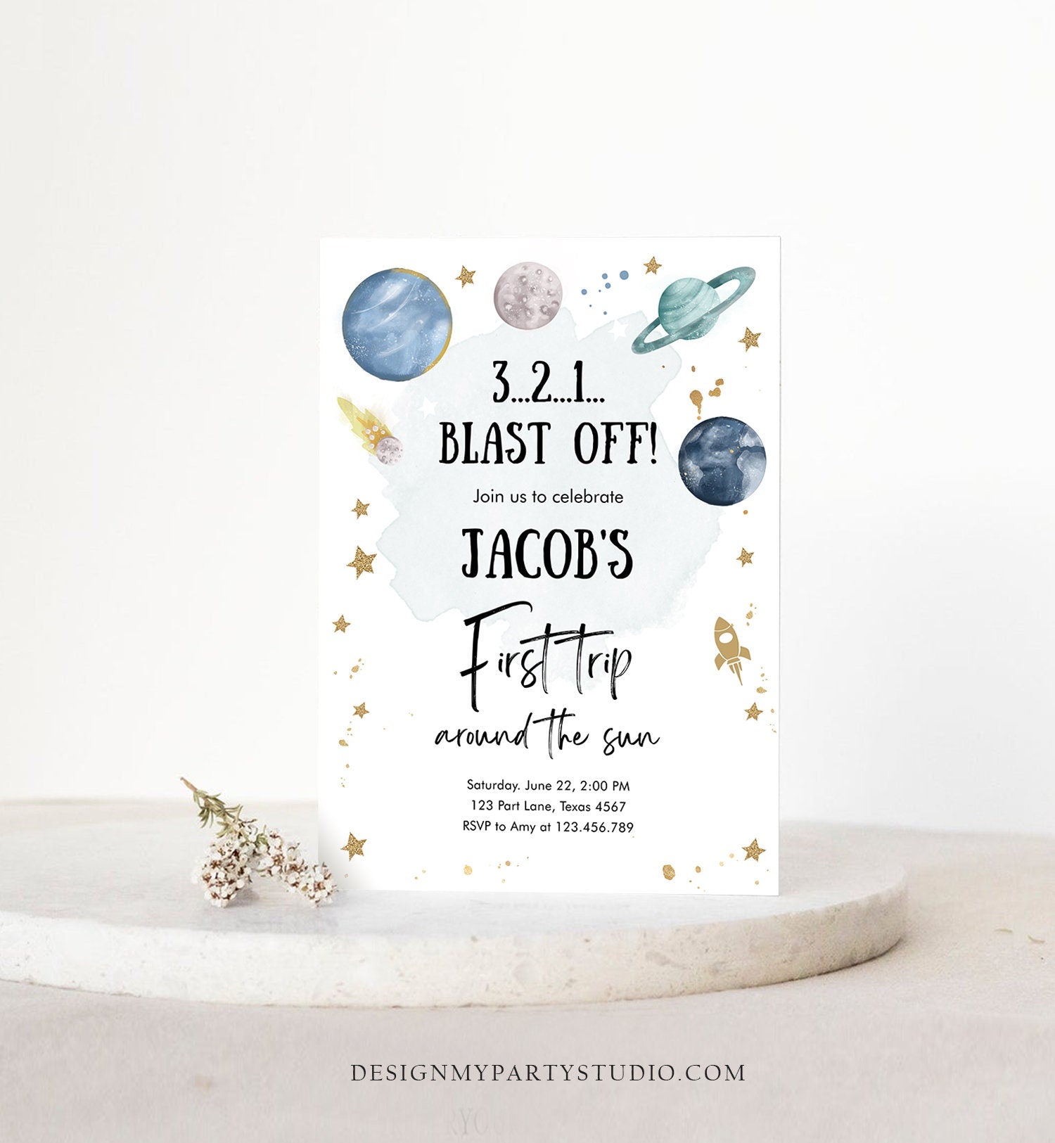 Editable Outer Space First Birthday Invitation Galaxy Blast Off First Trip Around the Sun Download Printable Template Digital Corjl 0357