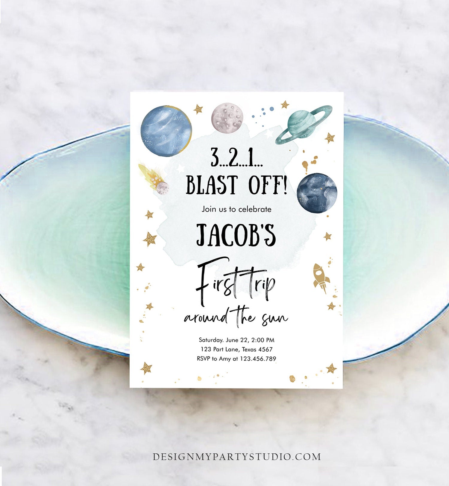 Editable Outer Space First Birthday Invitation Galaxy Blast Off First Trip Around the Sun Download Printable Template Digital Corjl 0357