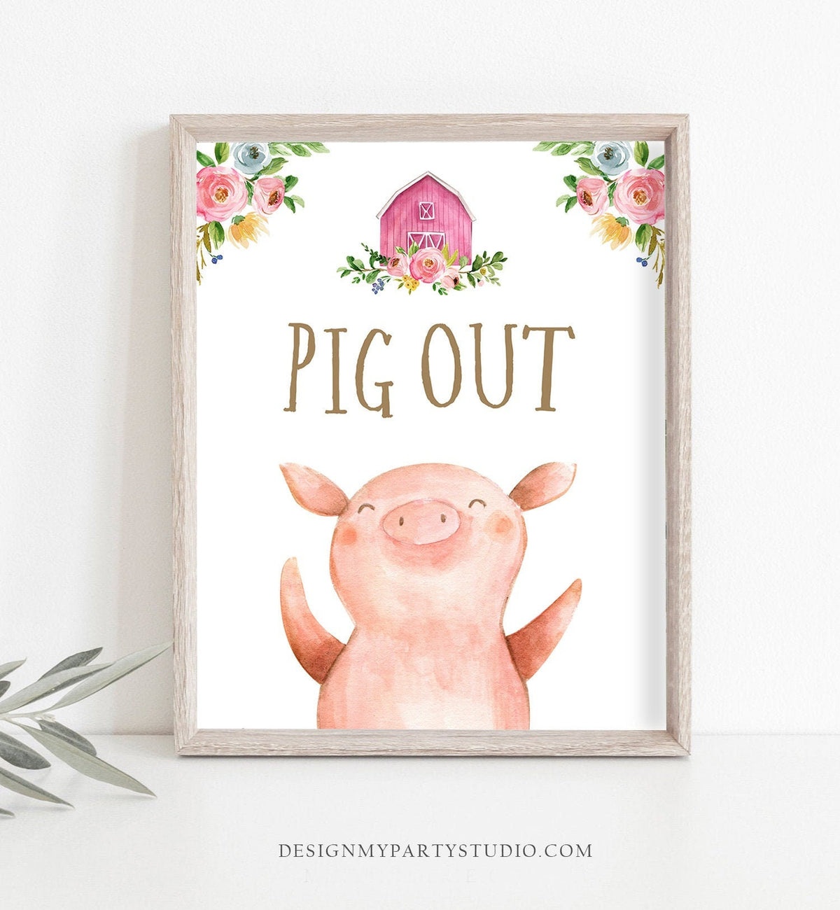 Pig Out Sign Farm Animals Baby Shower Decorations Barnyard Decor Girl Birthday Pink Farm Buffet Sign Floral Barnyard Sign Printable 0155