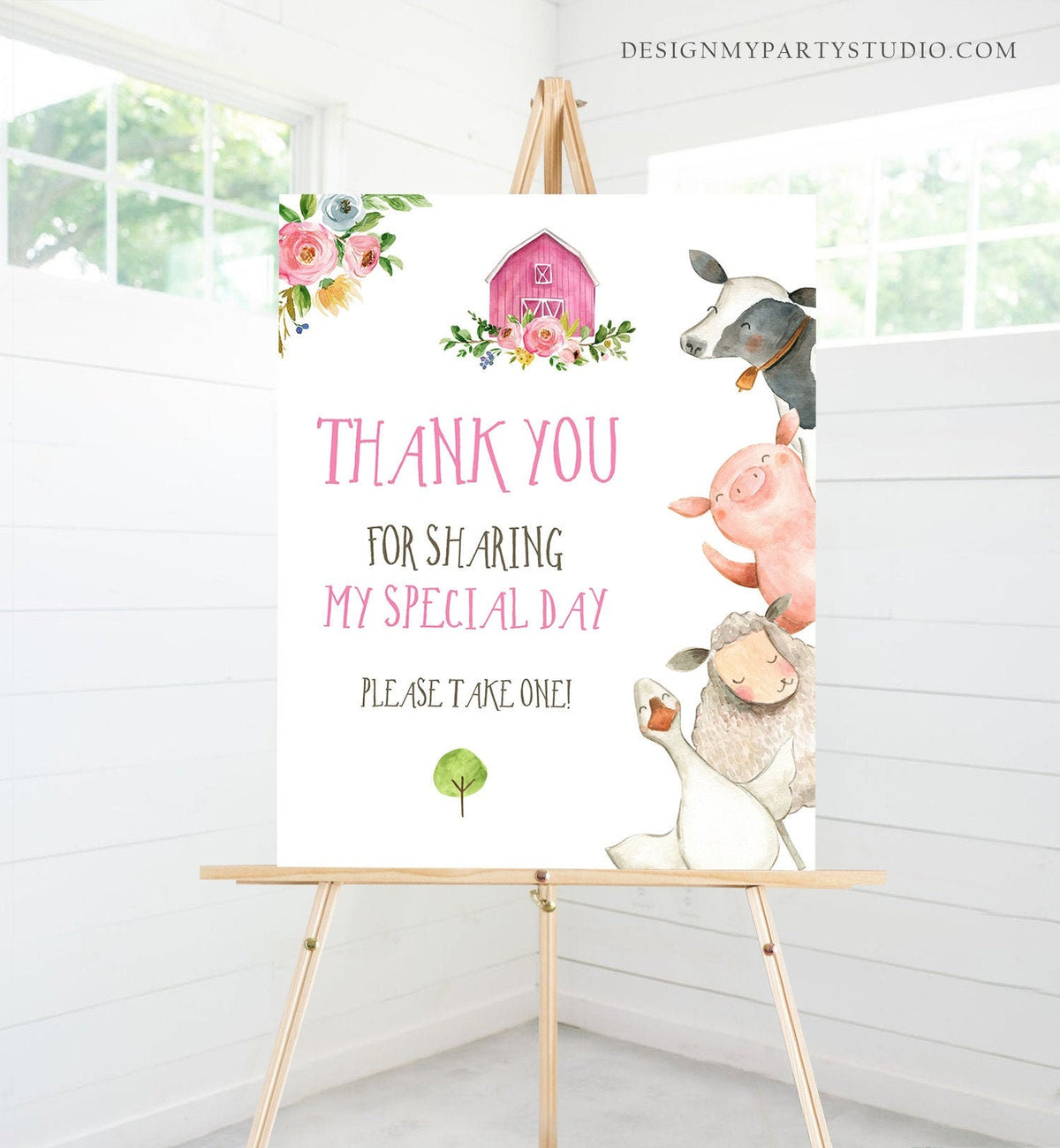 Editable Pink Farm Baby Shower Thank You Sign Girl Barnyard Birthday Favor Sign Farm Animals Favor Table Template Corjl PRINTABLE 0155