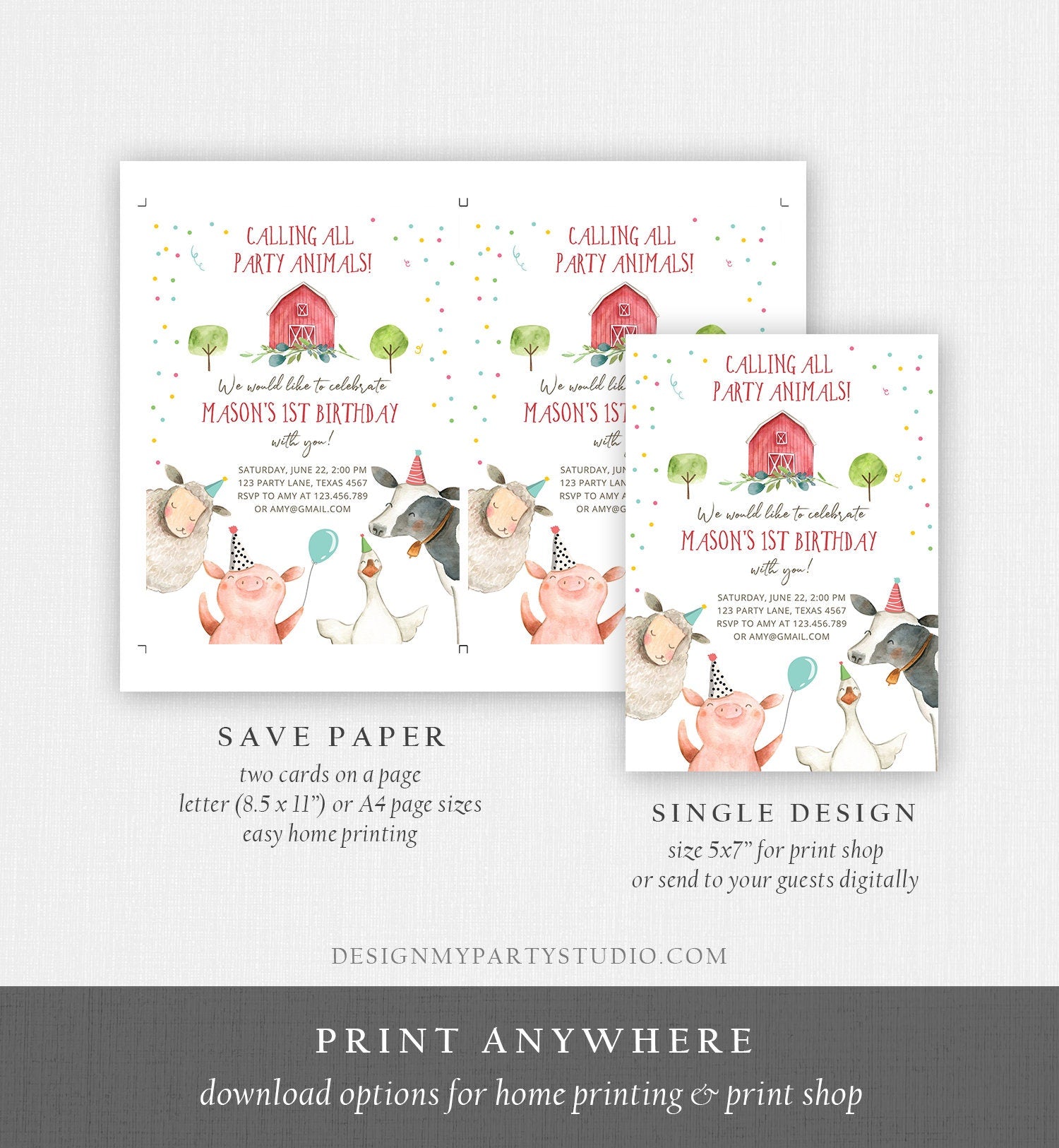 Editable Farm Animals Birthday Invitation Boy Farm Barnyard First Birthday Party Animals Confetti Download Corjl Template Printable 0155