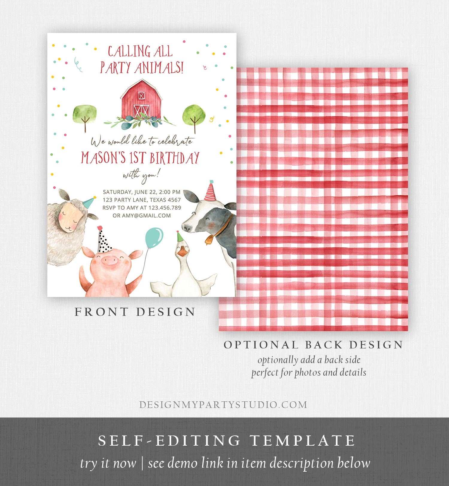 Editable Farm Animals Birthday Invitation Boy Farm Barnyard First Birthday Party Animals Confetti Download Corjl Template Printable 0155