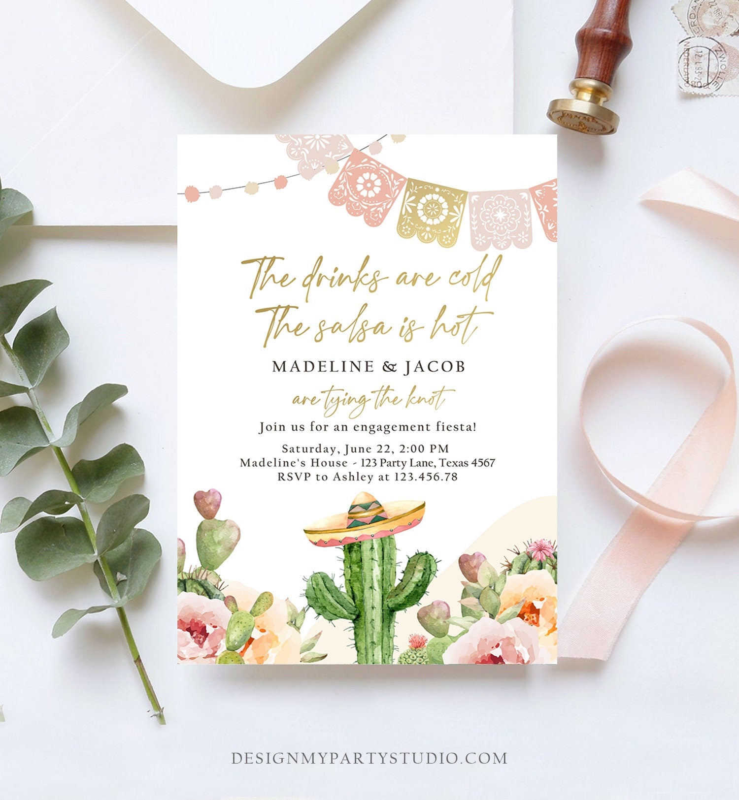 Editable Fiesta Engagement Invitation Couples Shower Bridal Mexican Cactus Succulent Desert Floral Printable Invitation Template Corjl 0419