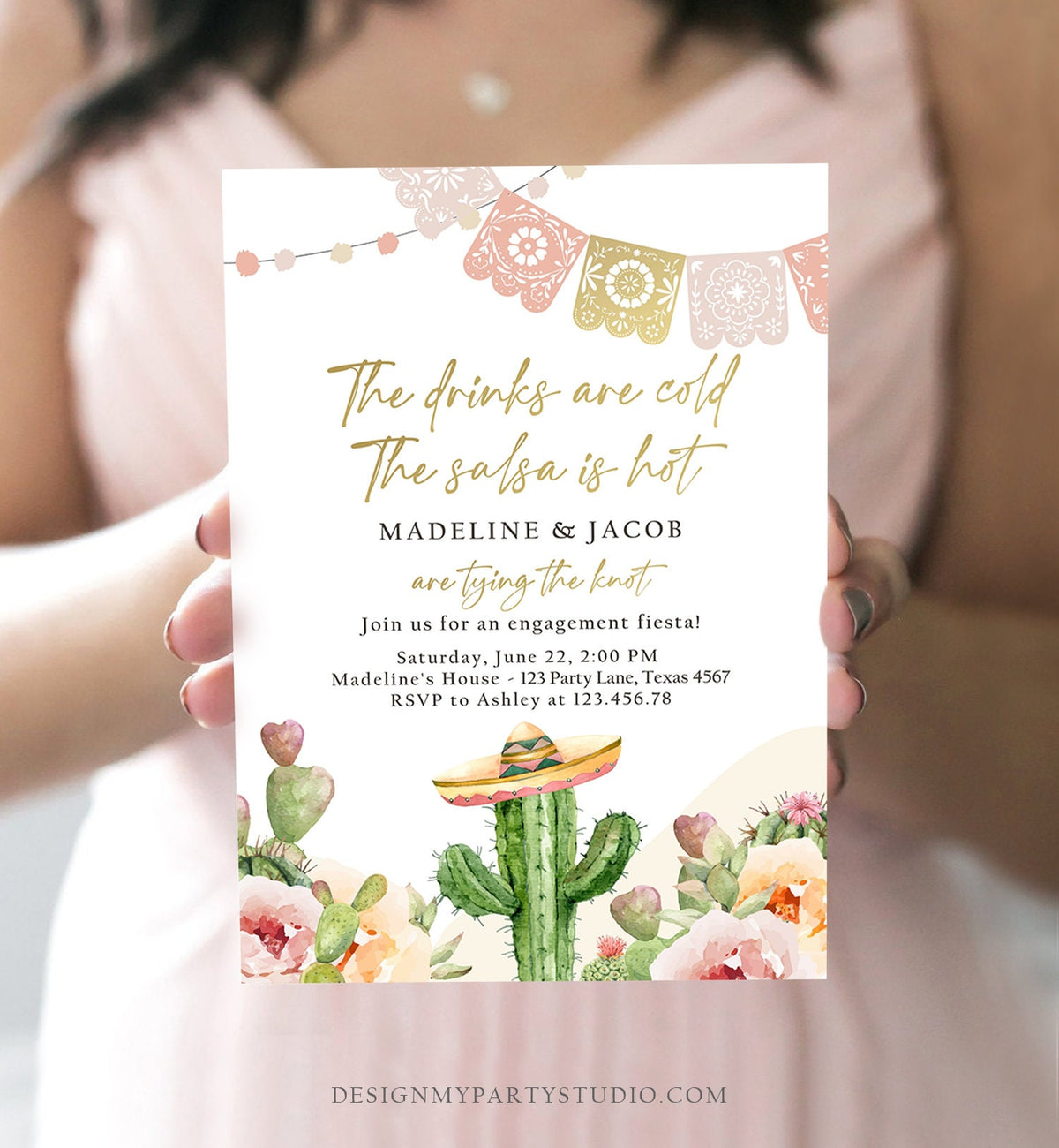 Editable Fiesta Engagement Invitation Couples Shower Bridal Mexican Cactus Succulent Desert Floral Printable Invitation Template Corjl 0419