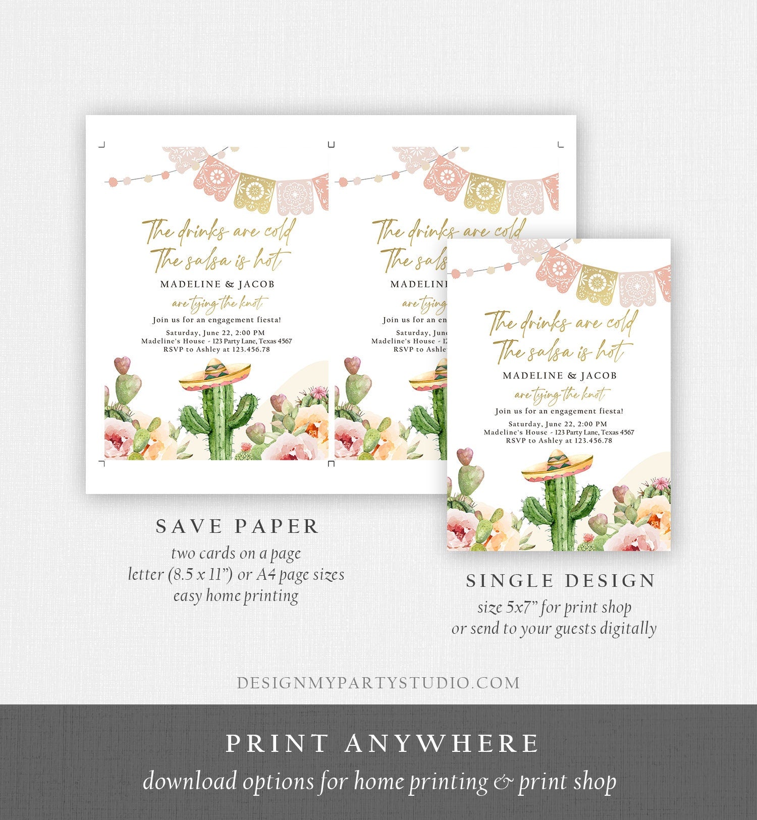 Editable Fiesta Engagement Invitation Couples Shower Bridal Mexican Cactus Succulent Desert Floral Printable Invitation Template Corjl 0419