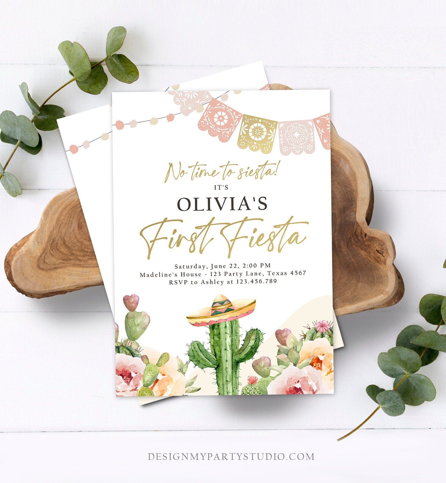 Editable Fiesta Invitation First Fiesta Birthday Boho Mexican Cactus Succulent Desert Floral Girl Printable Invitation Template Corjl 0419