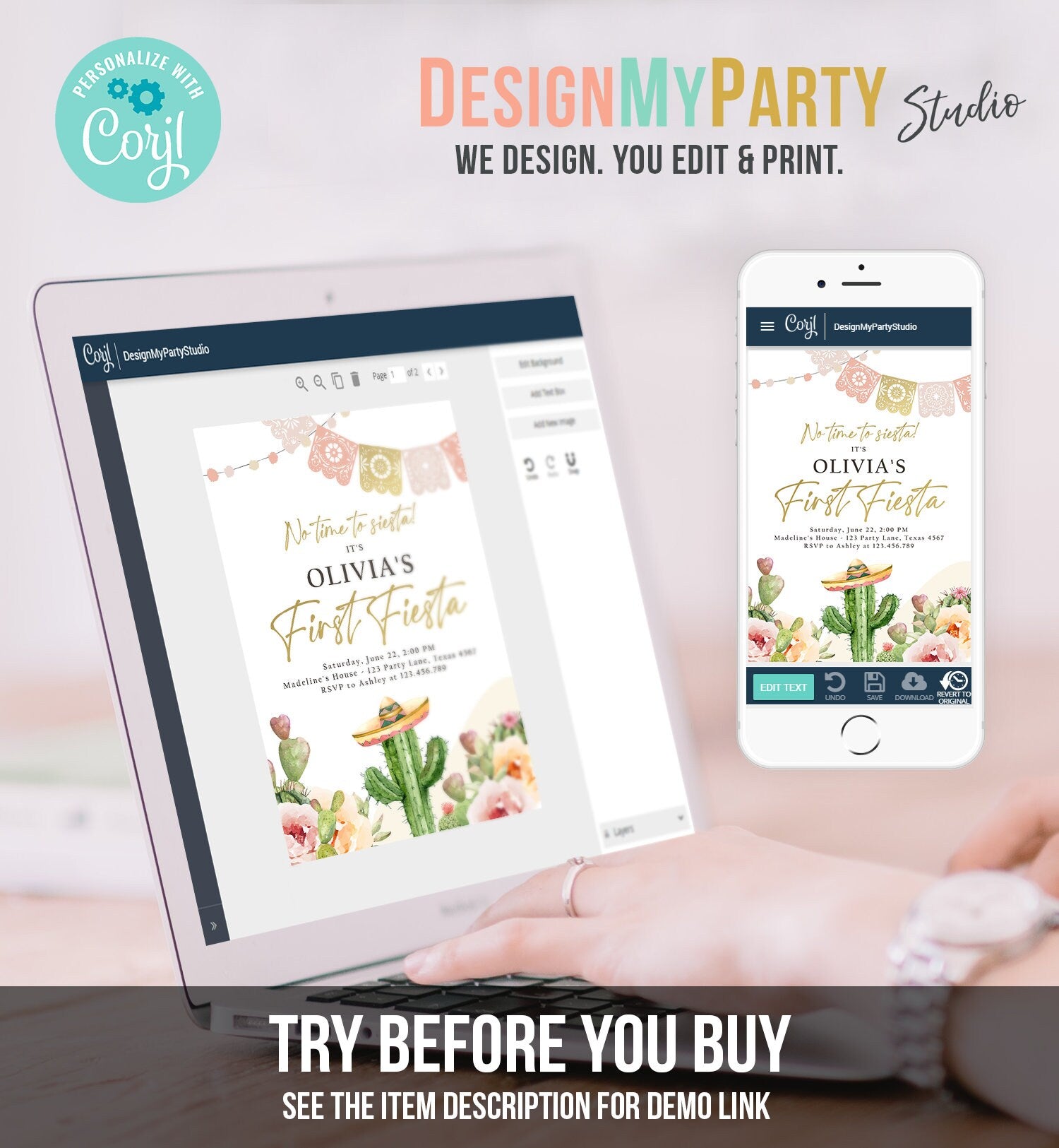 Editable Fiesta Invitation First Fiesta Birthday Boho Mexican Cactus Succulent Desert Floral Girl Printable Invitation Template Corjl 0419