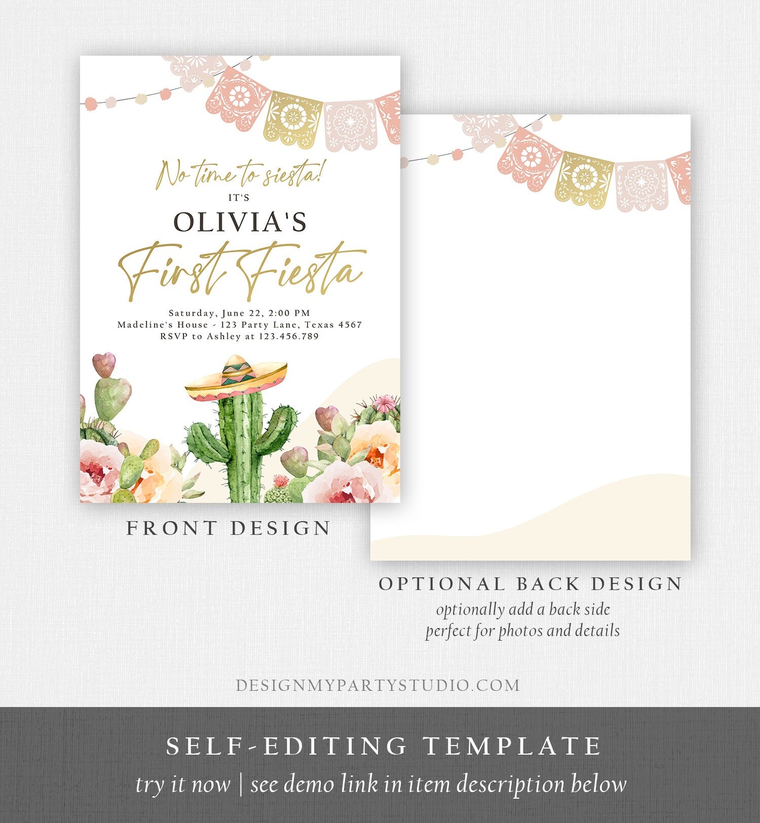 Editable Fiesta Invitation First Fiesta Birthday Boho Mexican Cactus Succulent Desert Floral Girl Printable Invitation Template Corjl 0419