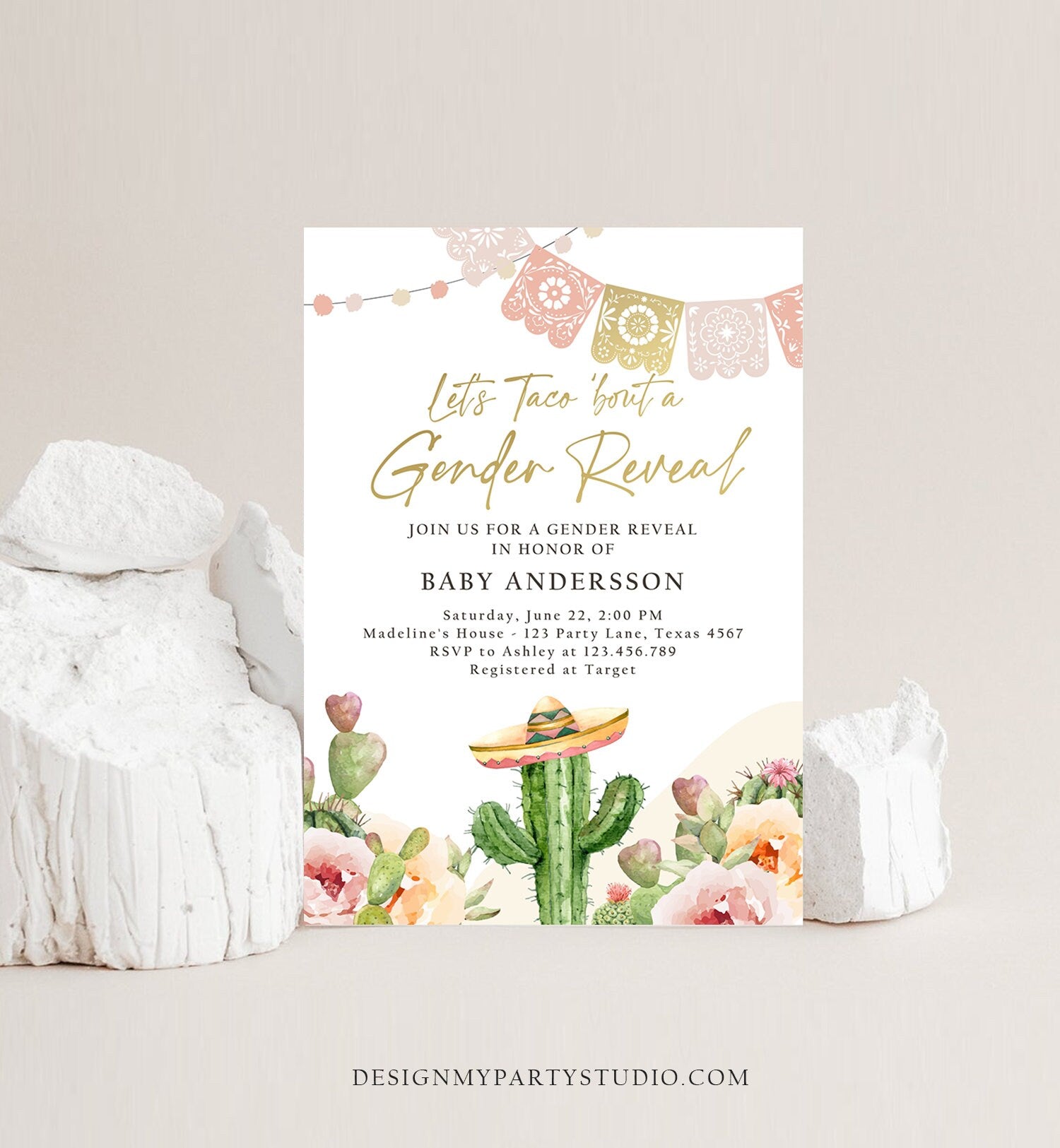 Editable Let's Taco Bout a Gender Reveal Party Invitation Cactus Mexican Fiesta He or She Boy Girl Watercolor Template Corjl Printable 0419