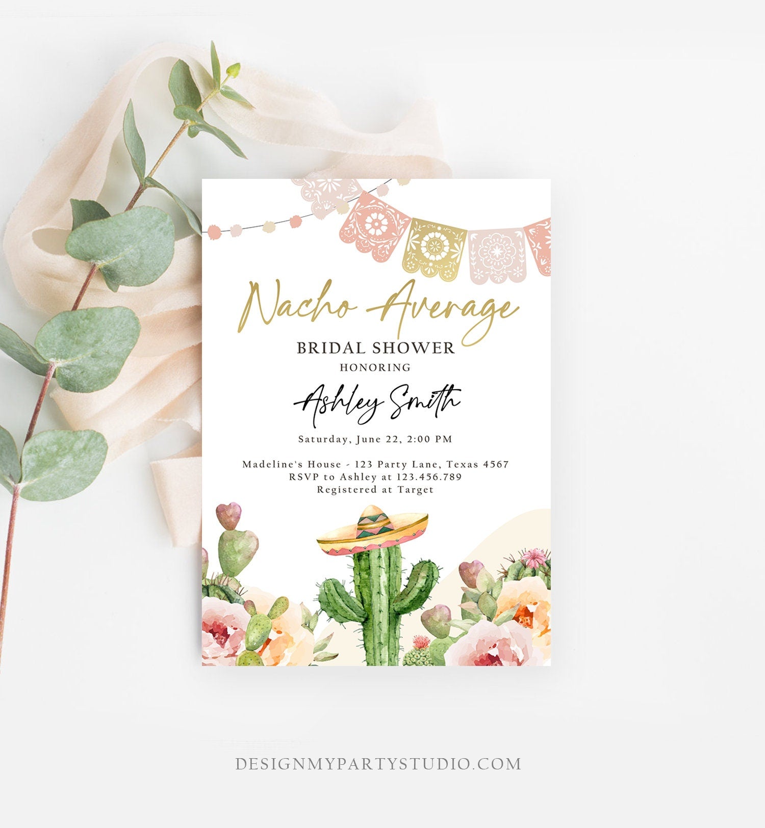 Editable Nacho Average Bridal Shower Invitation Boho Couples Fiesta Mexican Watercolor Cactus Succulent Desert Template Corjl Printable 0419