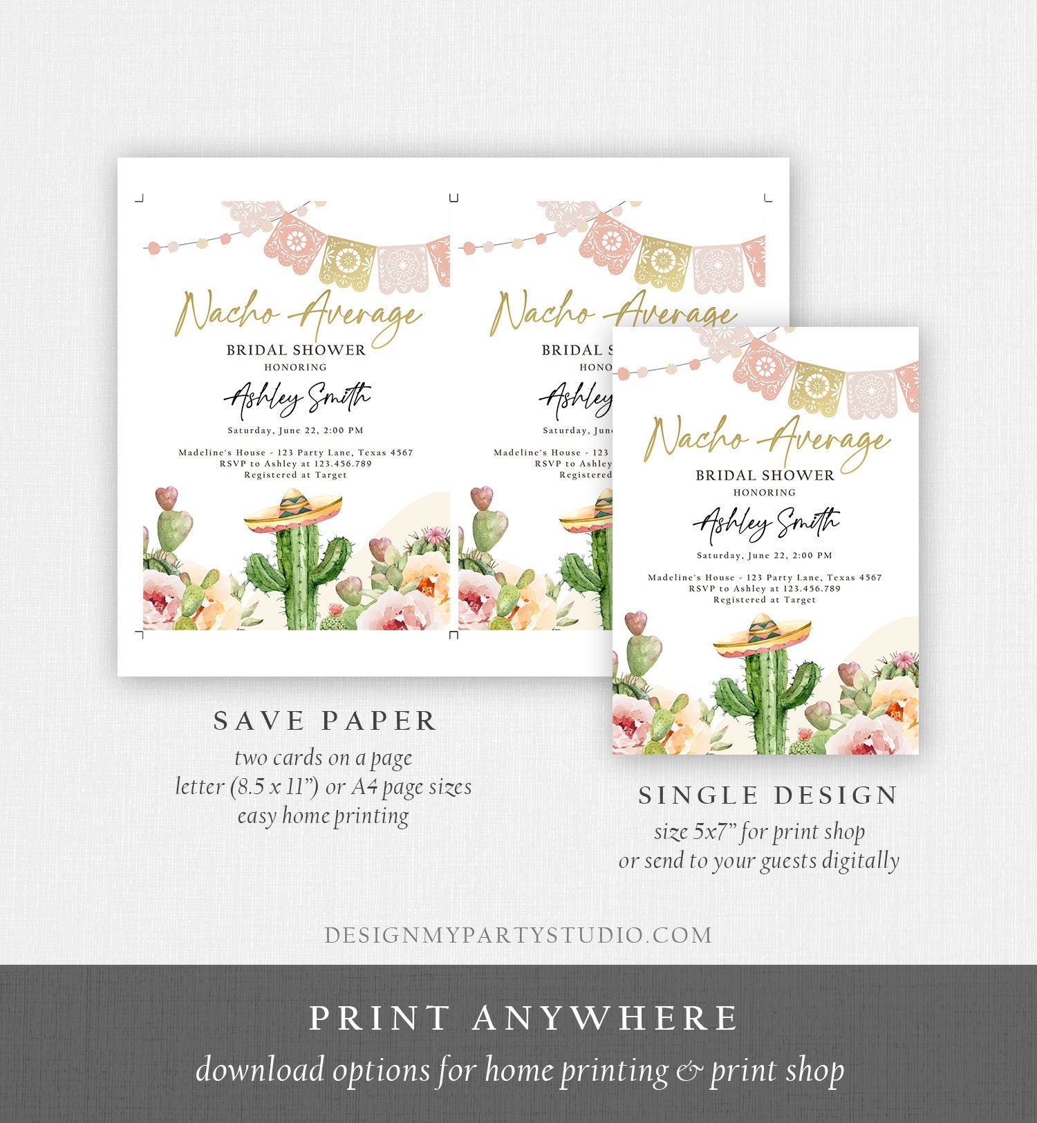 Editable Nacho Average Bridal Shower Invitation Boho Couples Fiesta Mexican Watercolor Cactus Succulent Desert Template Corjl Printable 0419