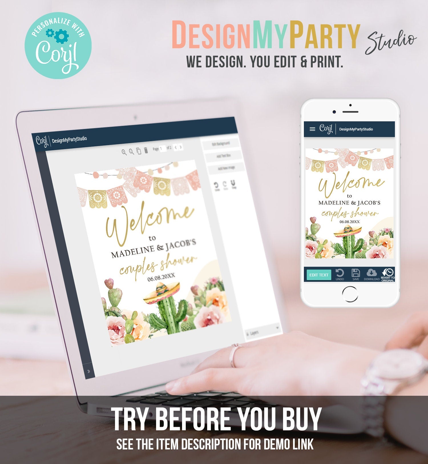 Editable Fiesta Cactus Welcome Sign Couples Shower Boho Welcome Mexican Succulent Taco Bout Love Succulent Corjl Template Printable 0419