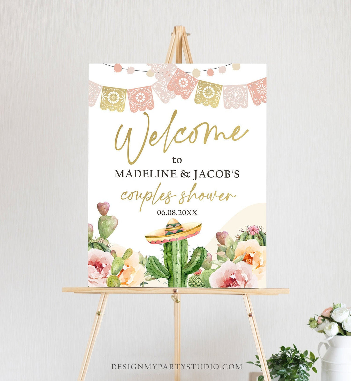 Editable Fiesta Cactus Welcome Sign Couples Shower Boho Welcome Mexican Succulent Taco Bout Love Succulent Corjl Template Printable 0419