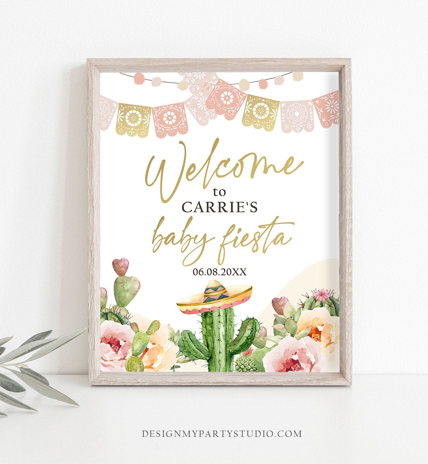 Editable Fiesta Welcome Sign Boho Baby Shower Birthday Watercolor Cactus Mexican Succulent Couples Table Sign Corjl Template Printable 0419