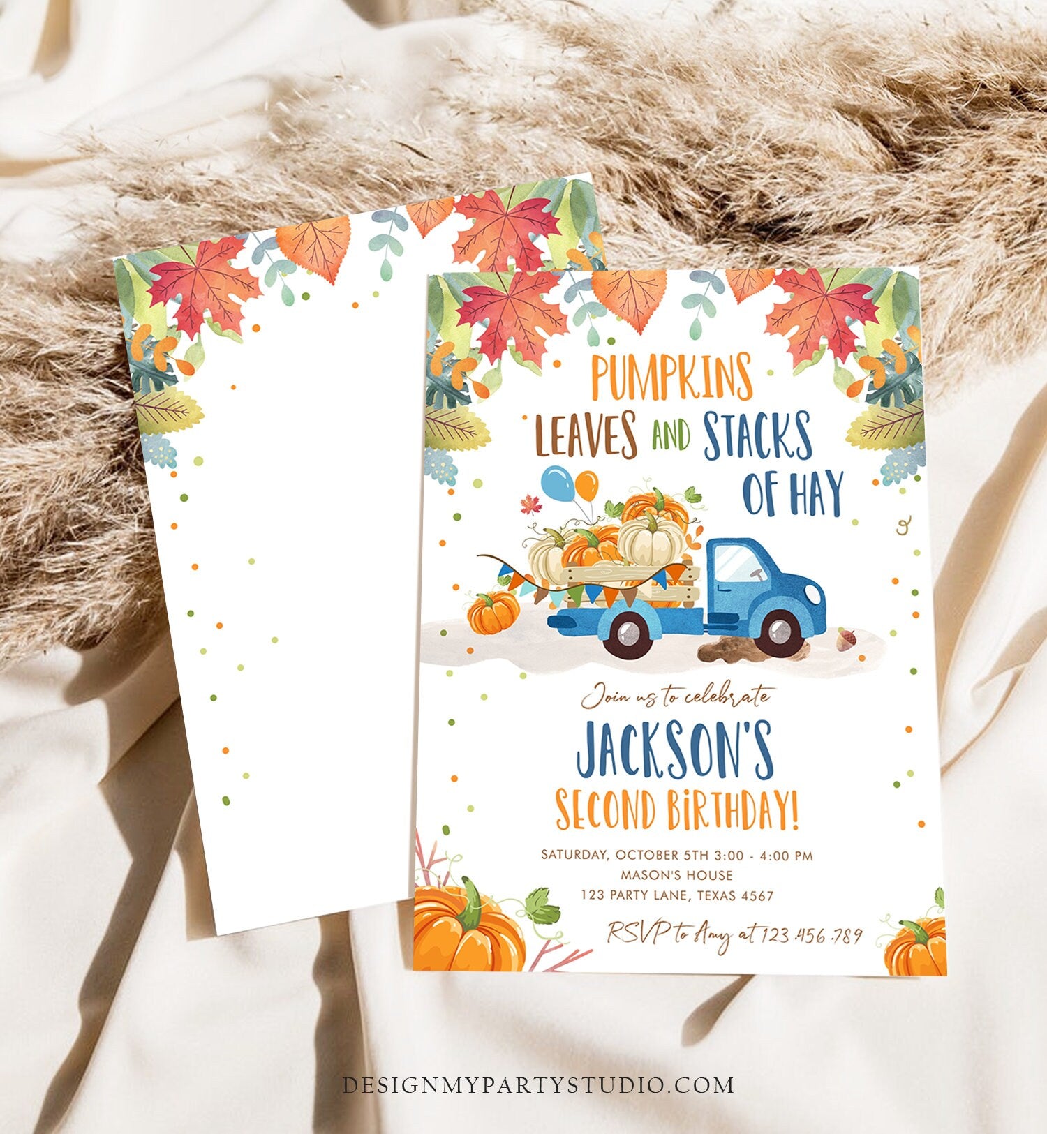 Editable Pumpkin Birthday Invitation Boy Fall Boy Pumpkin Truck Birthday Party Blue Orange Download Printable Invitation Corjl Template 0153