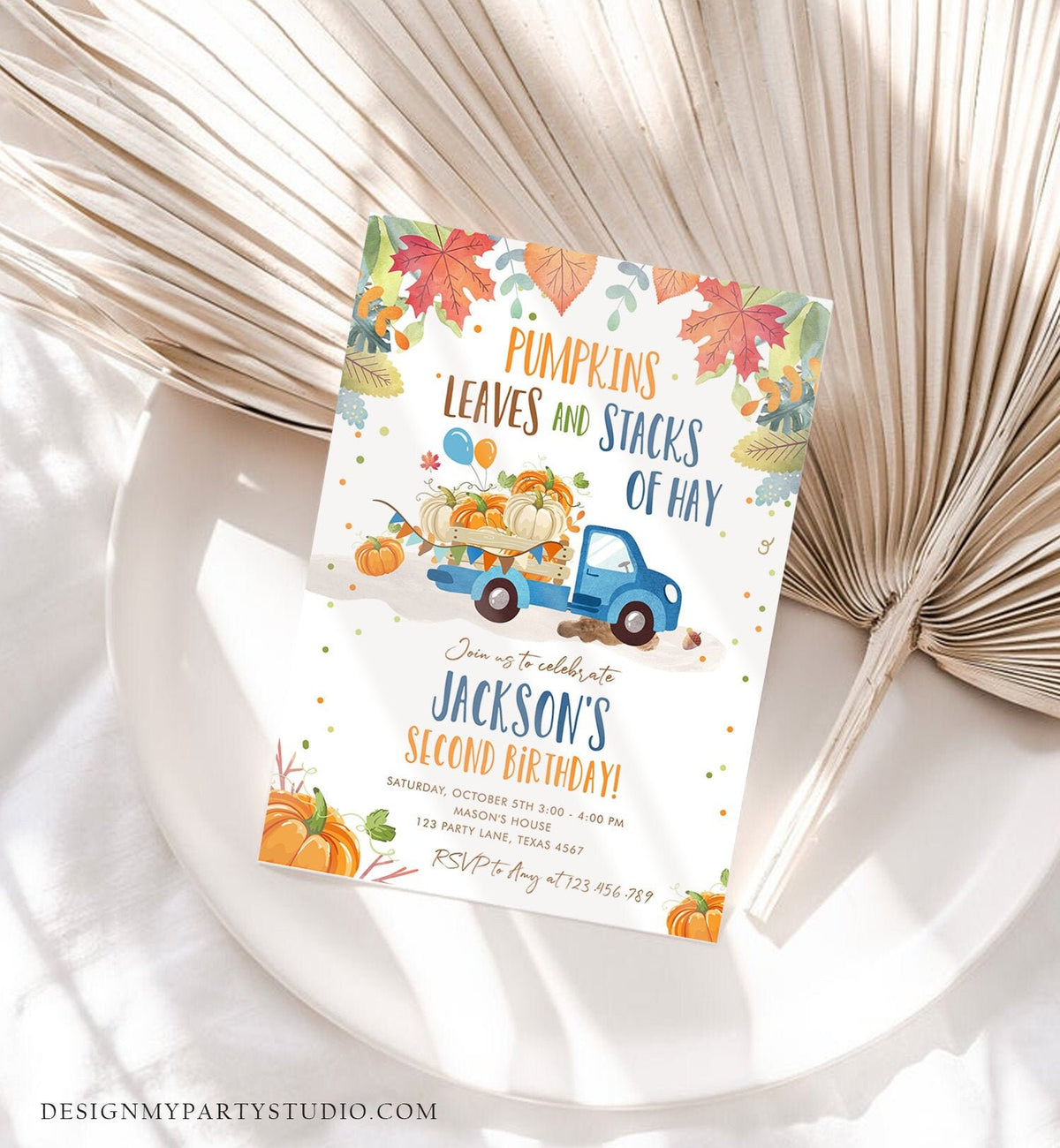 Editable Pumpkin Birthday Invitation Boy Fall Boy Pumpkin Truck Birthday Party Blue Orange Download Printable Invitation Corjl Template 0153