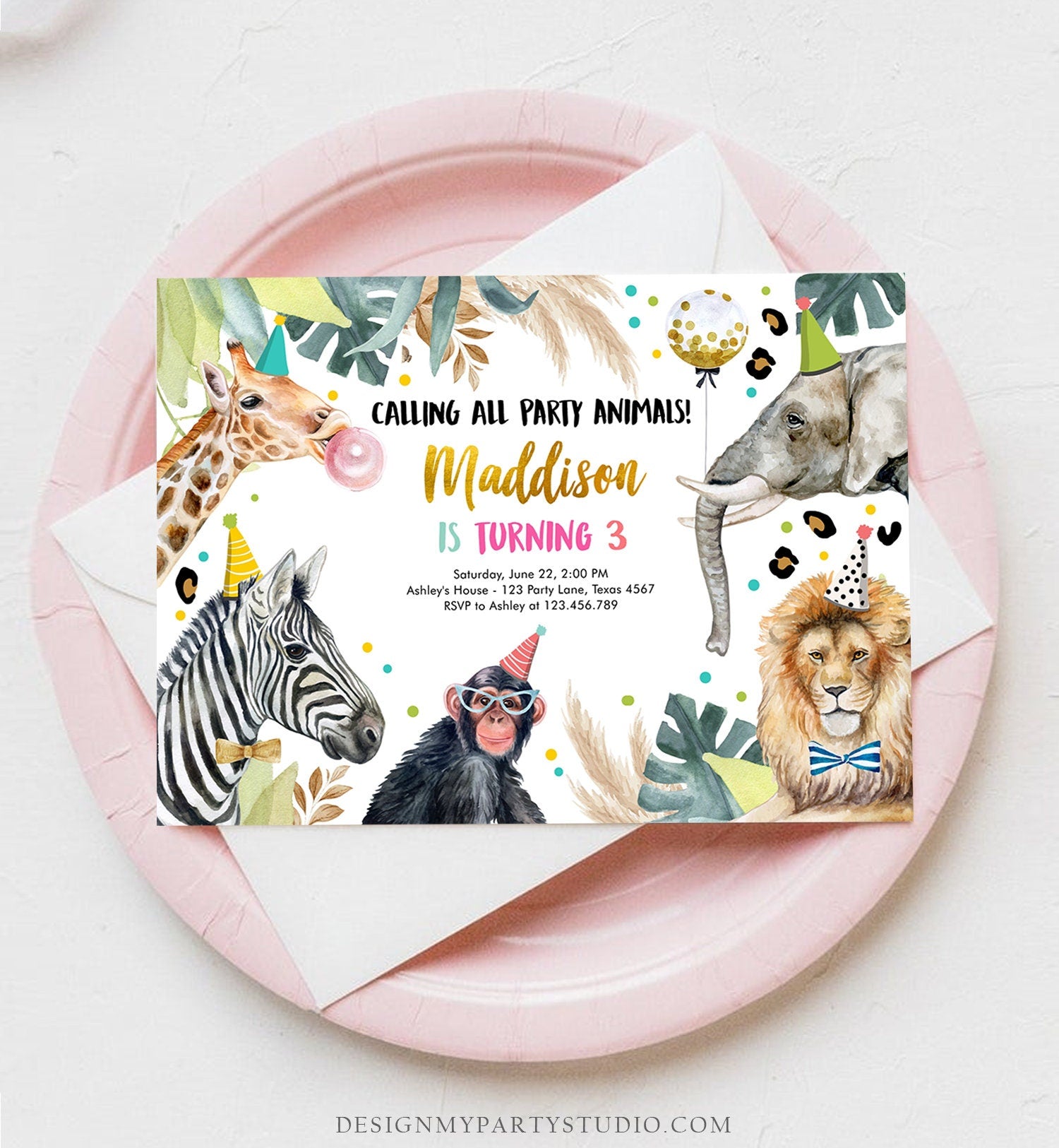 Editable Party Animals Birthday Invitation Wild One Animals Invitation Zoo Safari Animals Girl Download Printable Invite Template Corjl 0417