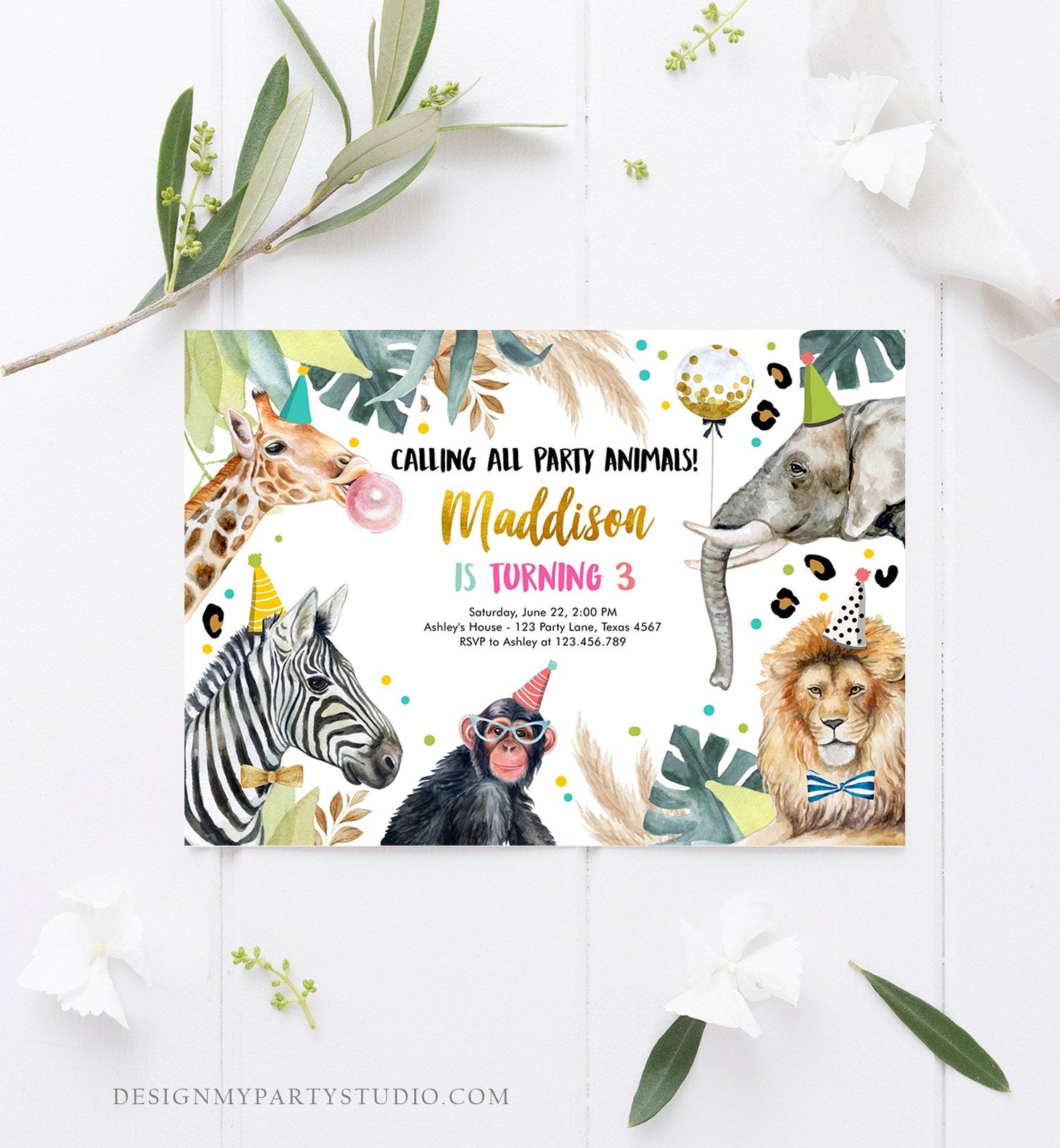 Editable Party Animals Birthday Invitation Wild One Animals Invitation Zoo Safari Animals Girl Download Printable Invite Template Corjl 0417