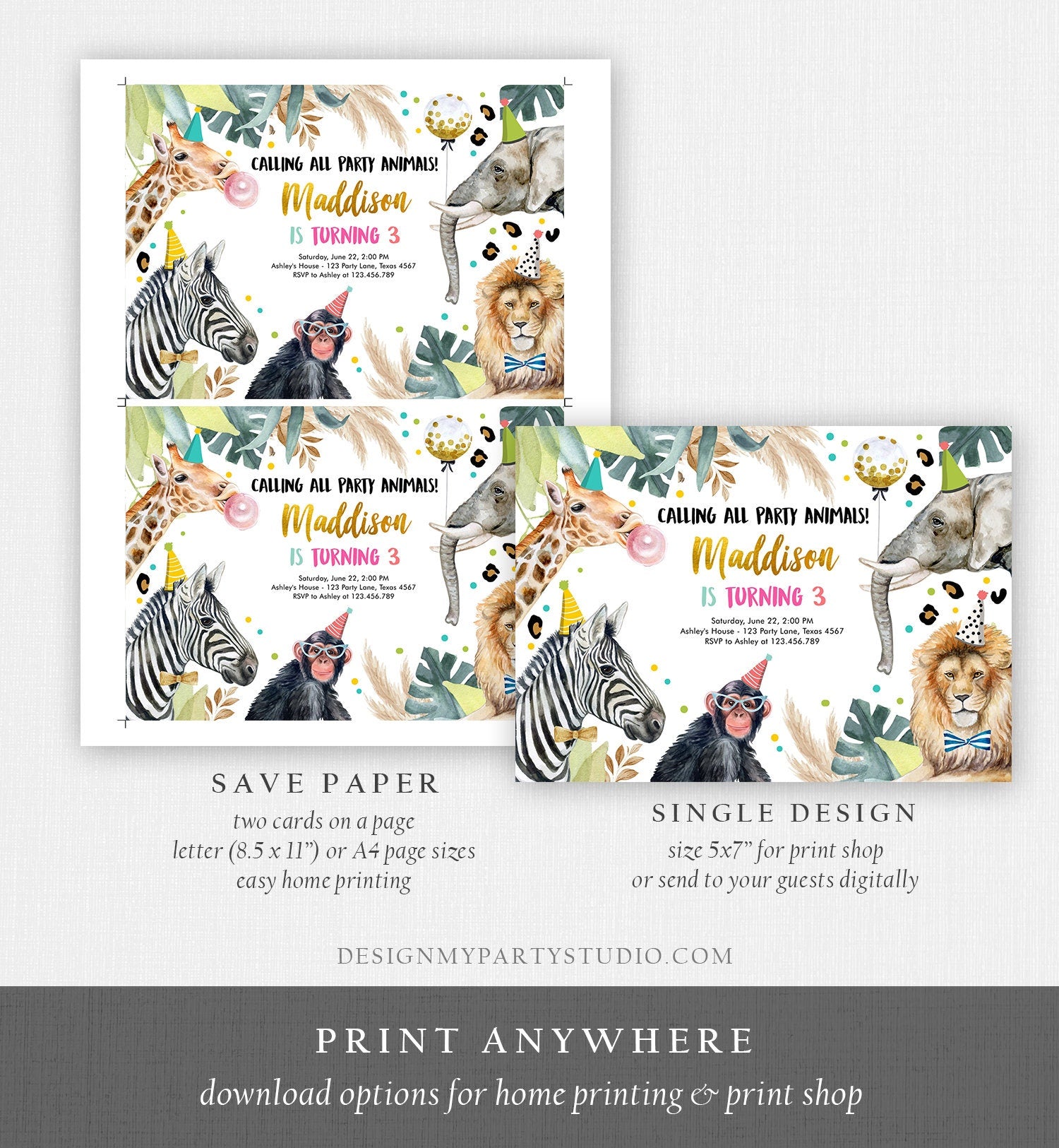 Editable Party Animals Birthday Invitation Wild One Animals Invitation Zoo Safari Animals Girl Download Printable Invite Template Corjl 0417