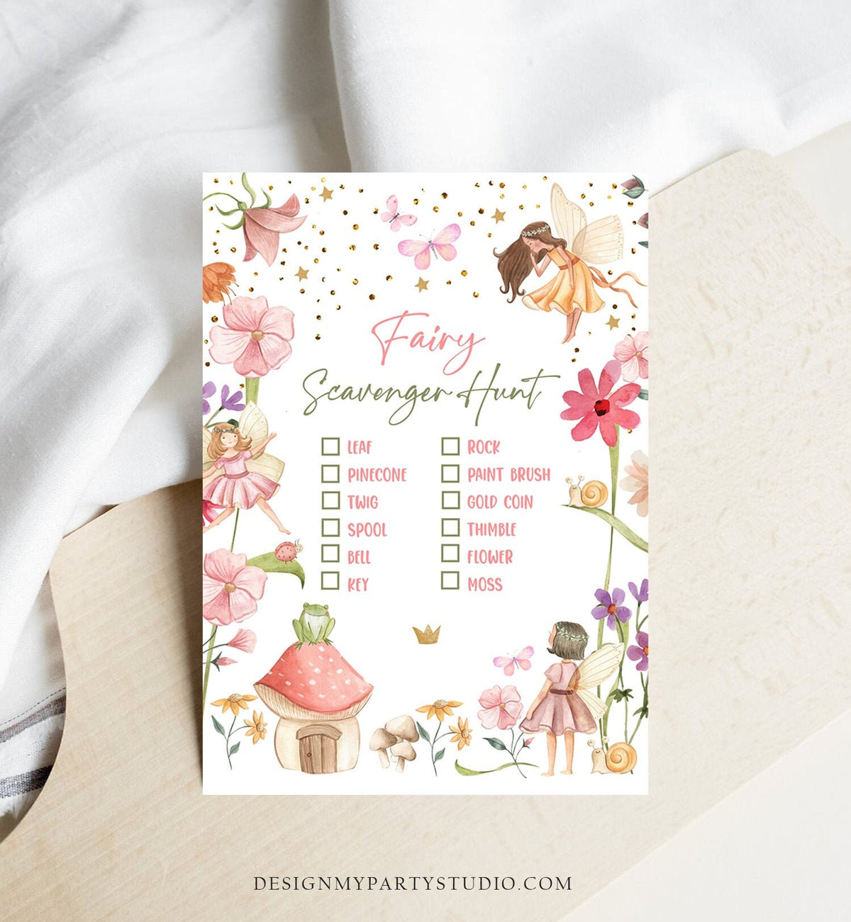 Editable Scavenger Hunt Checklist Game Party Fairy Birthday Activity Whimsical Enchanted Forest Tea Garden Girl Download Corjl Template 0406