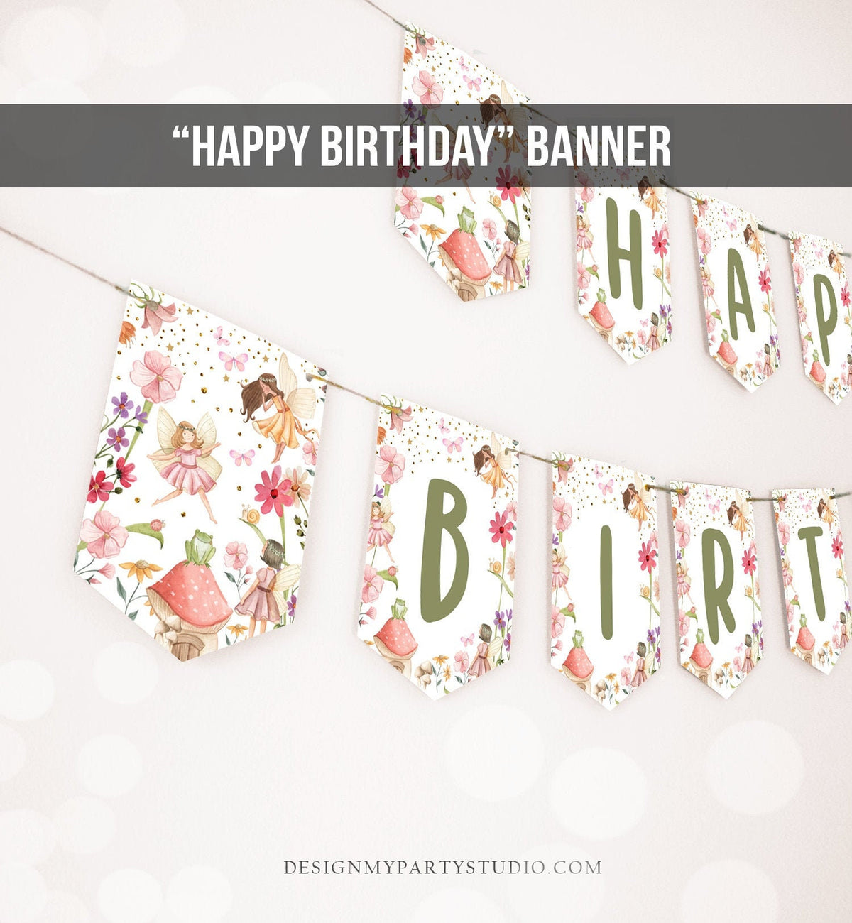 Happy Birthday Banner Fairy Birthday Girl Fairy First Birthday Decorations Fairy Garden Magical Tea Download PRINTABLE DIGITAL DIY 0406