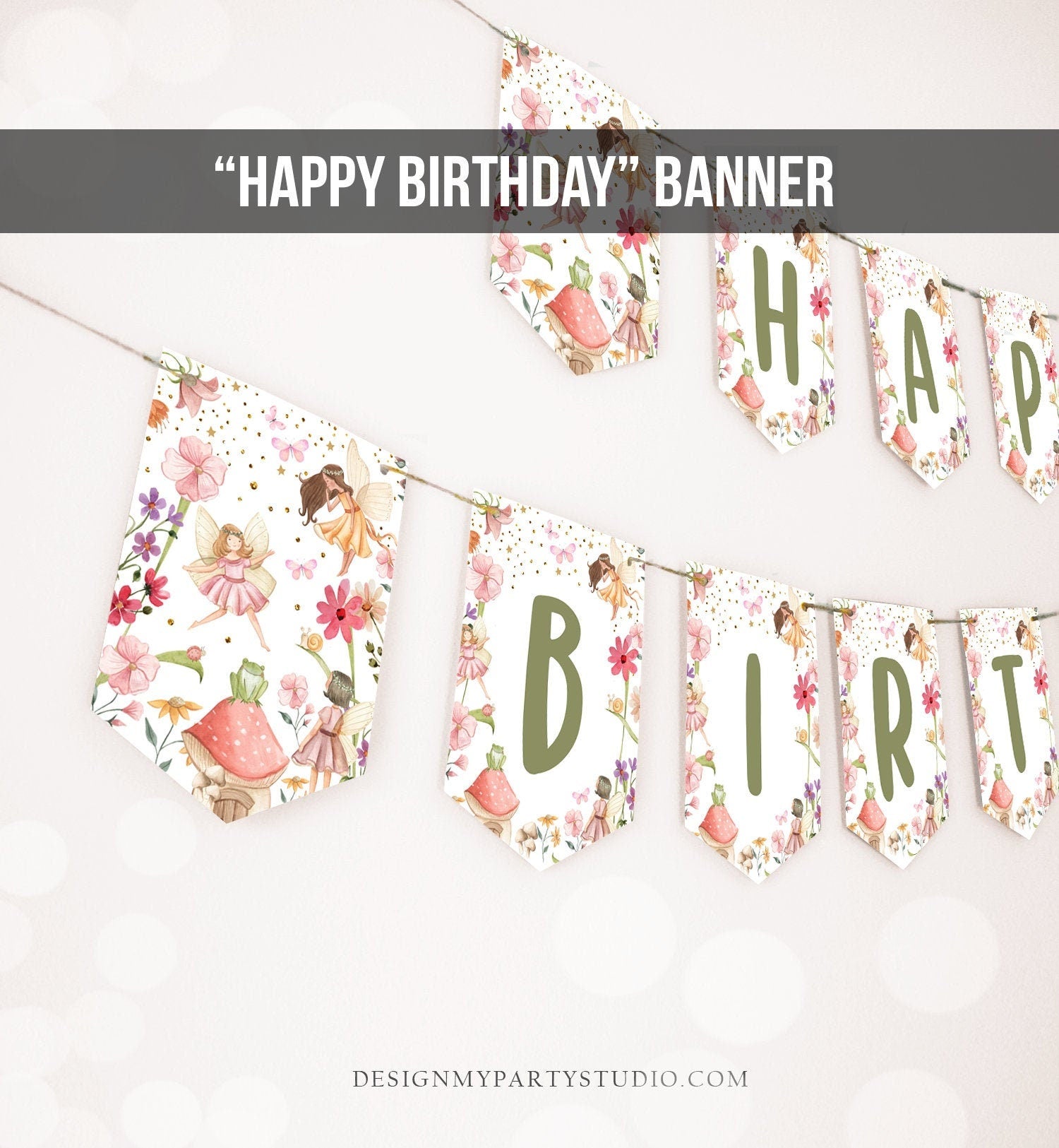 Happy Birthday Banner Fairy Birthday Girl Fairy First Birthday Decorations Fairy Garden Magical Tea Download PRINTABLE DIGITAL DIY 0406