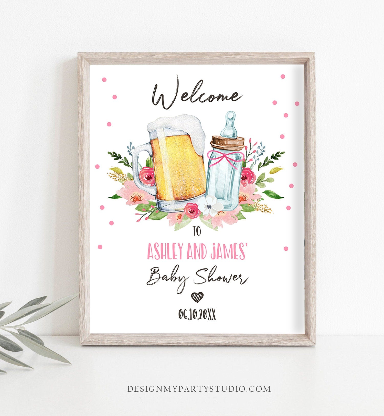 Editable A Baby is Brewing Welcome Sign Brewing Baby Shower Bottle and Beers Cheers Coed Couples Shower Gender Girl Pink Corjl Template 0190