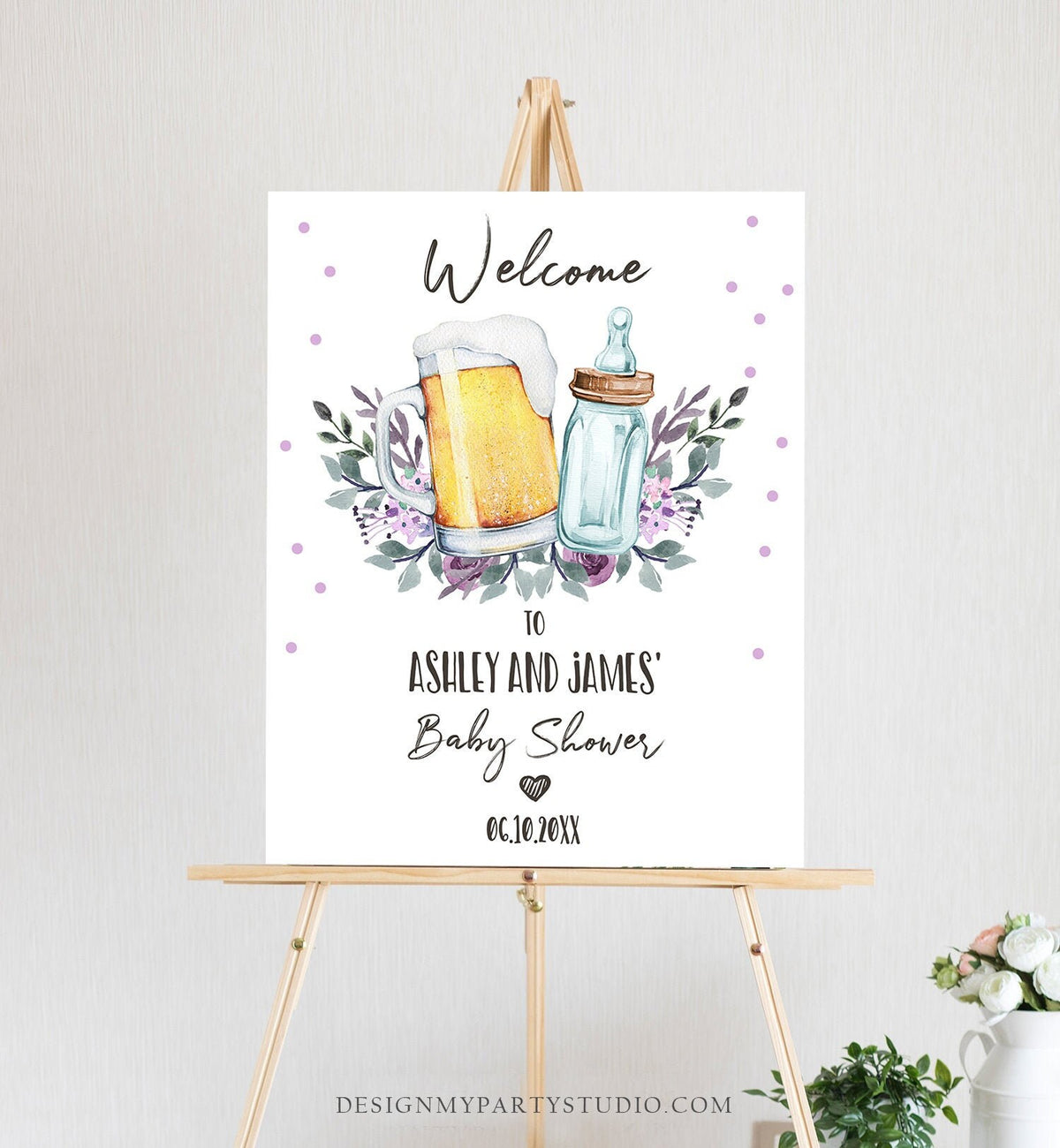 Editable A Baby is Brewing Welcome Sign Brewing Baby Shower Bottle and Beers Cheers Coed Couples Shower Lavender Purple Corjl Template 0190