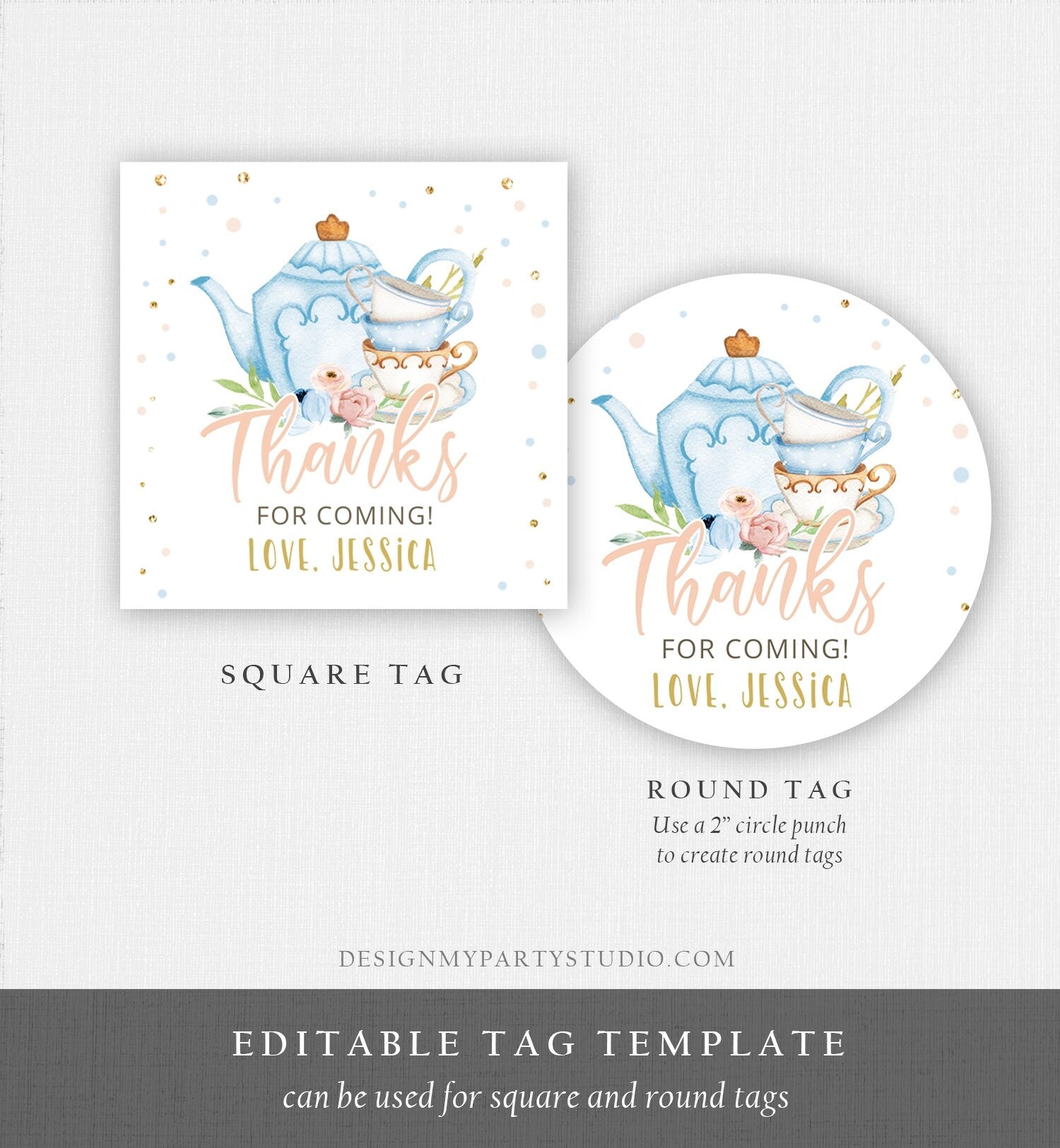 Editable Tea Party Favor Tag Sticker Baby Shower Baby is Brewing Floral Blue Whimsical Girl Square Round Digital Template Printable 0349