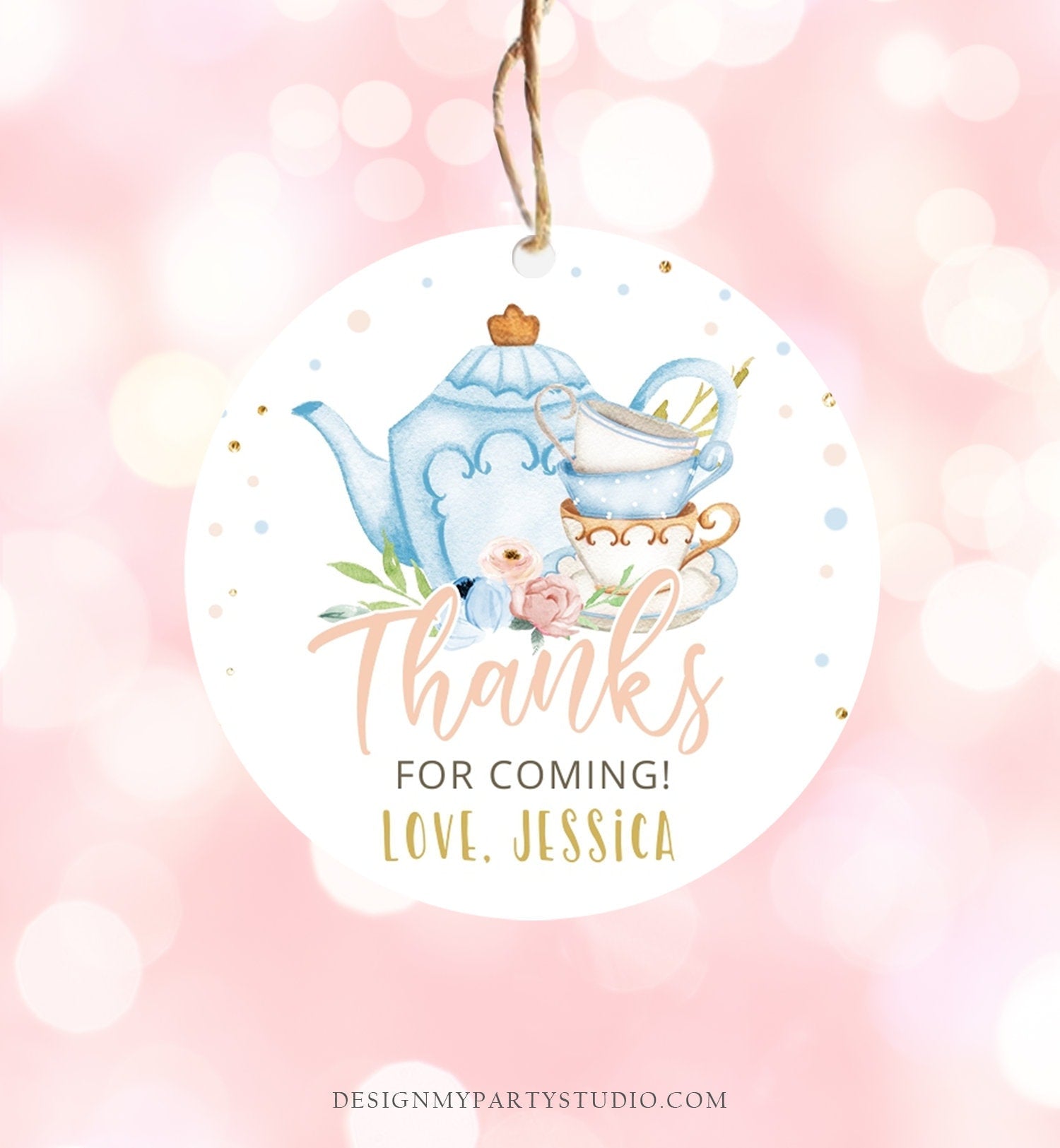 Editable Tea Party Favor Tag Sticker Baby Shower Baby is Brewing Floral Blue Whimsical Girl Square Round Digital Template Printable 0349