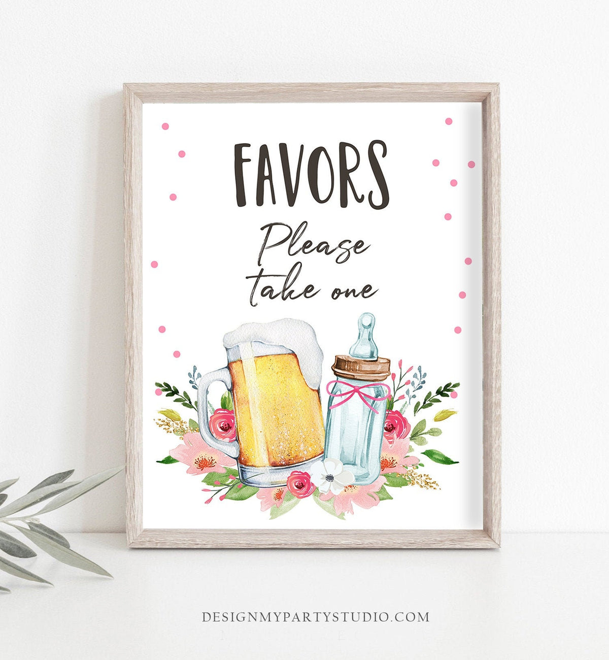 Party Favors Sign Table Decor Baby is Brewing Sign Gift Table Bottles and Beers Greenery Favors Table Sign Pink Girl Printable 0190